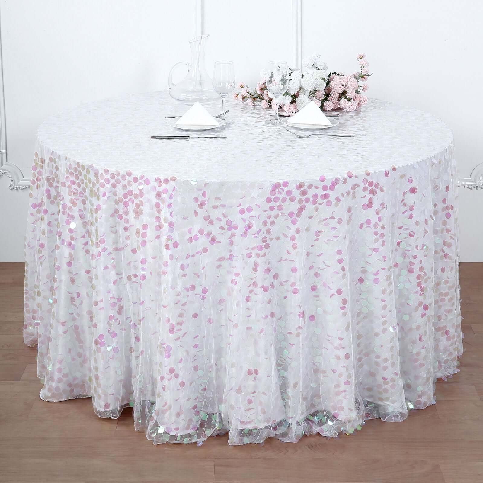 120 Iridescent Seamless Big Payette Sequin Round Tablecloth Collection for 5 Foot Table With Floor-Length Drop