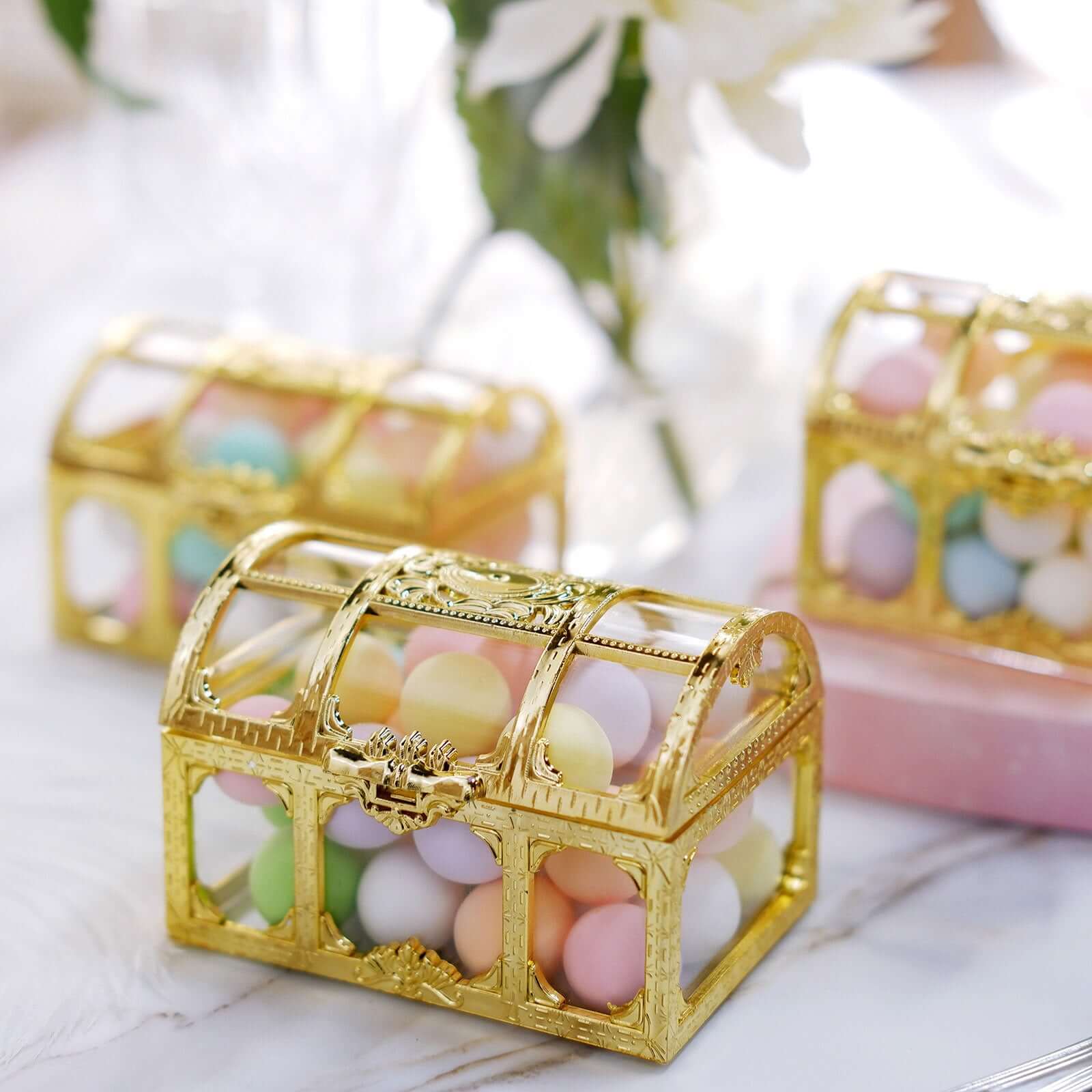 12-Pack Vintage Jewelry Box Candy Containers Clear Gold - Stylish Treasure Chest Favor Boxes 3.5