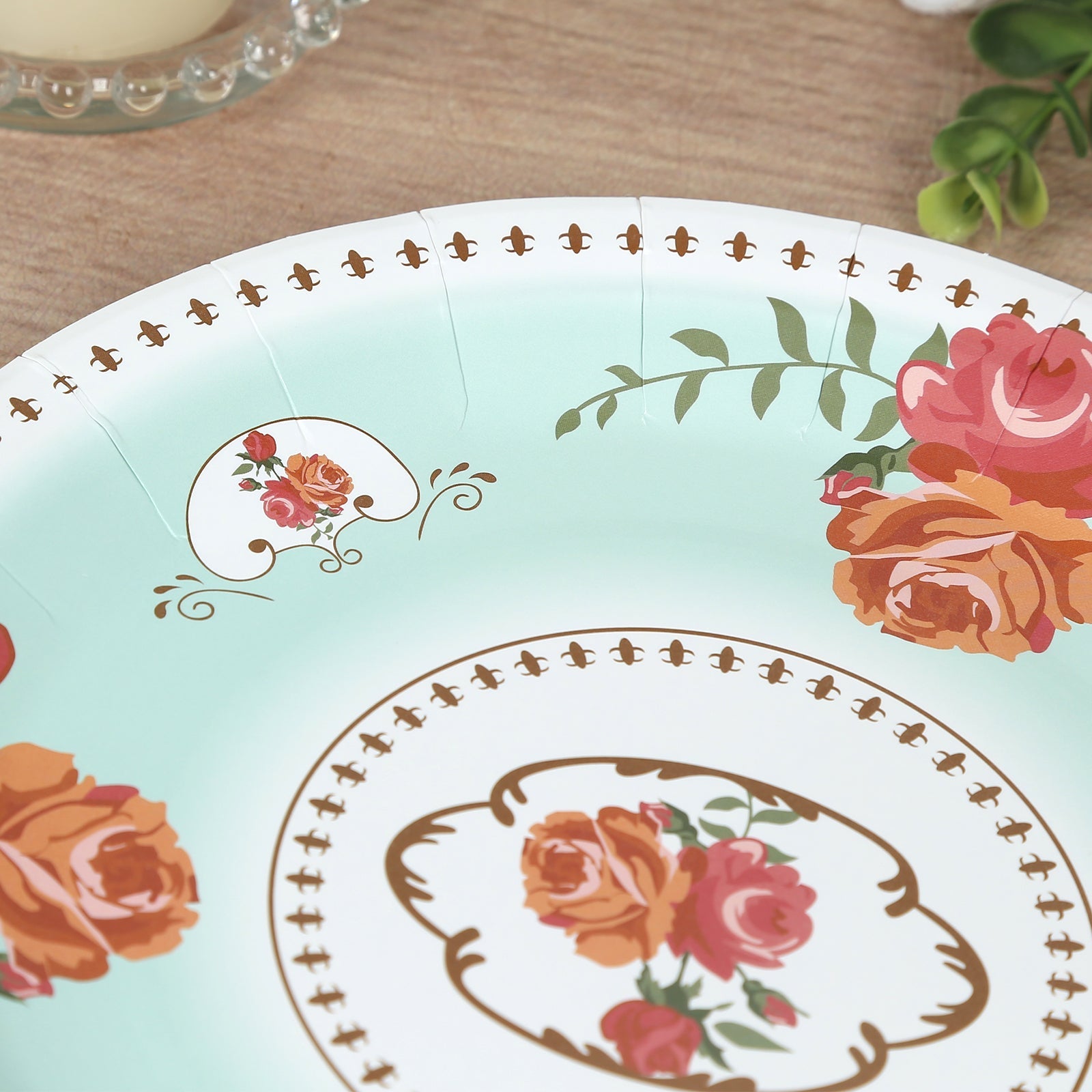 25-Pack Paper 9 Round Dinner Plates in Turquoise with Vintage Rose Flower Print - Disposable Plates for High Tea Gatherings & Romantic Celebrations