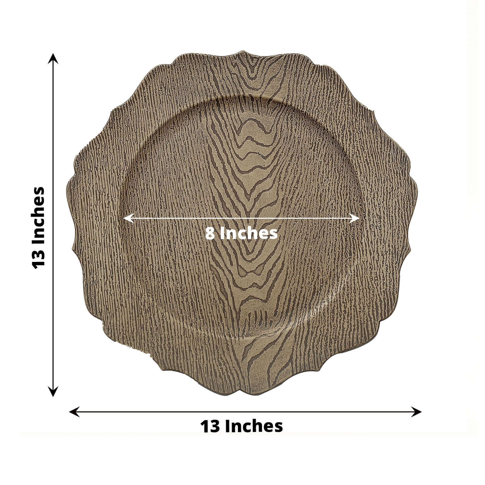 6-Pack Acrylic Round Charger Plates 13 in Rustic Natural with Wood Grain Scalloped Rim, Decorative Dinner Party Charger Tableware