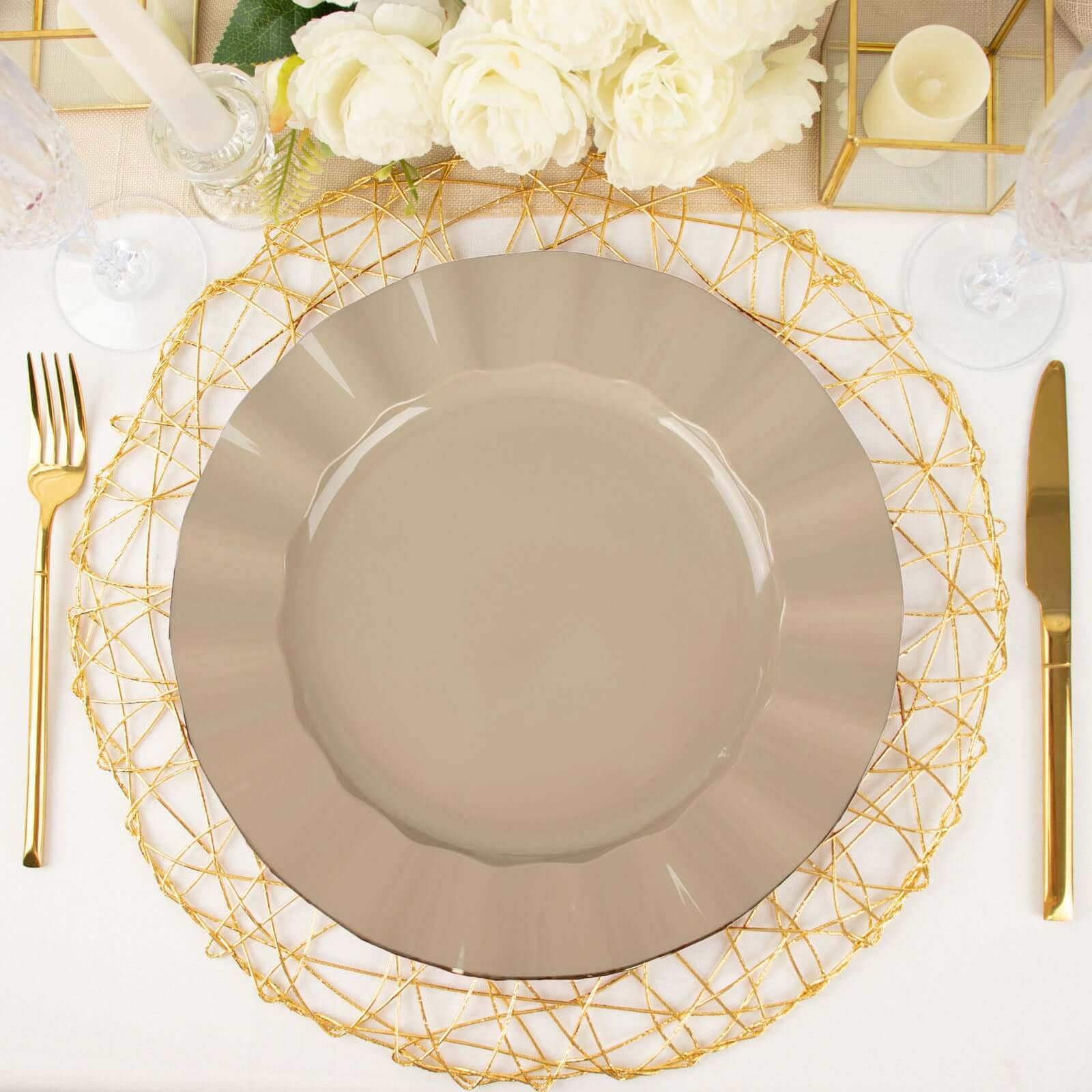 10-Pack Plastic 11 Round Dinner Plates in Taupe Ruffled Rim with Gold Edging - Sturdy Disposable Dinnerware