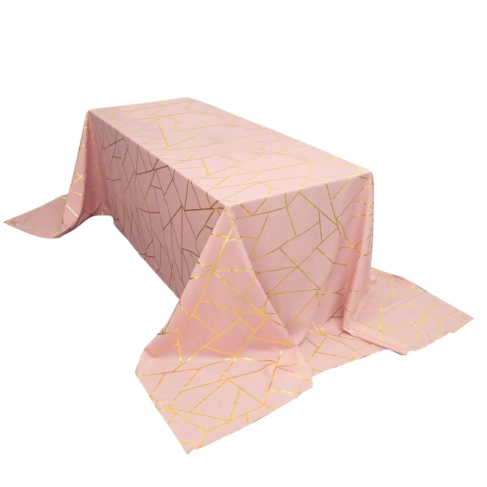 Polyester 90x156 Rectangle Tablecloth Dusty Rose Seamless with Gold Foil Geometric Pattern - Wrinkle-Resistant Seamless Table Cover for Sophisticated Events