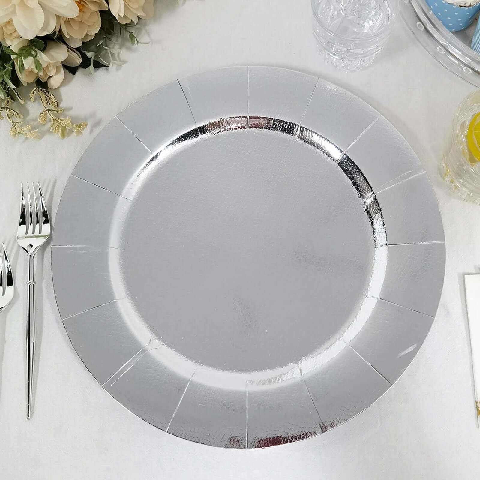 10-Pack Disposable Round Charger Plates in Silver with Leathery Texture - Durable 1100GSM Cardboard Placemats 13
