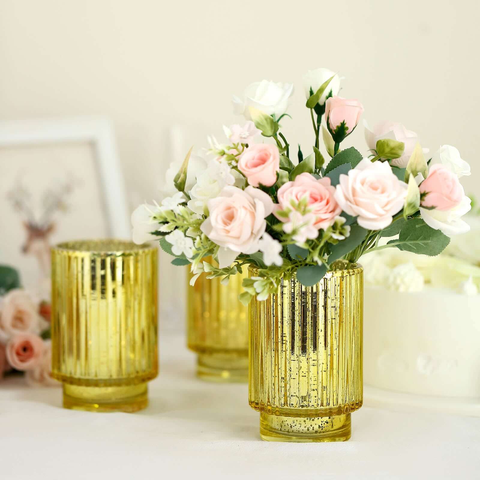 3-Pack Mercury Glass Hurricane Candle Holders Gold Wavy Column Design - Votive Pillar Vase 5