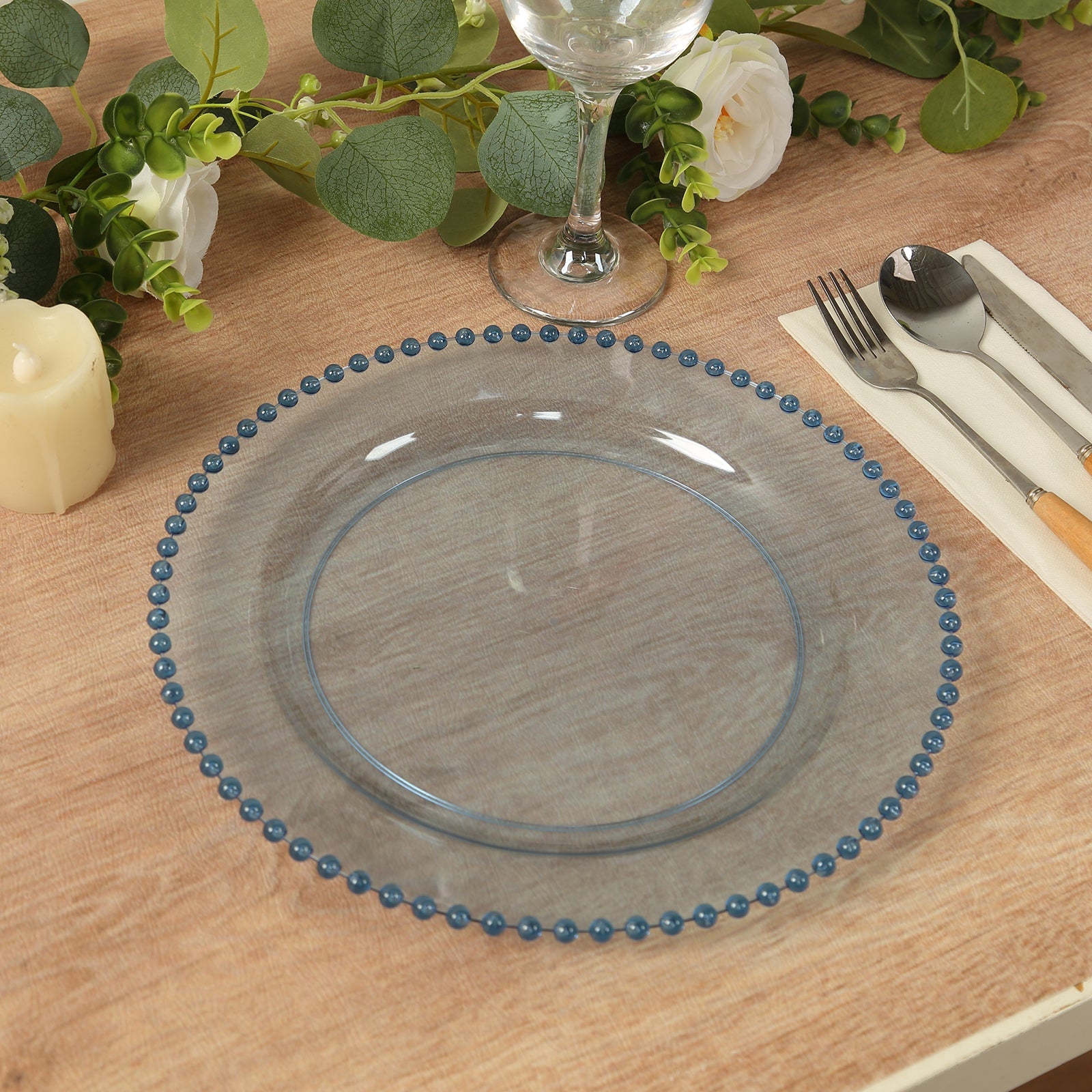 10-Pack Plastic 10 Round Dinner Plates in Transparent Dusty Blue with Beaded Rim - Disposable Party Plates