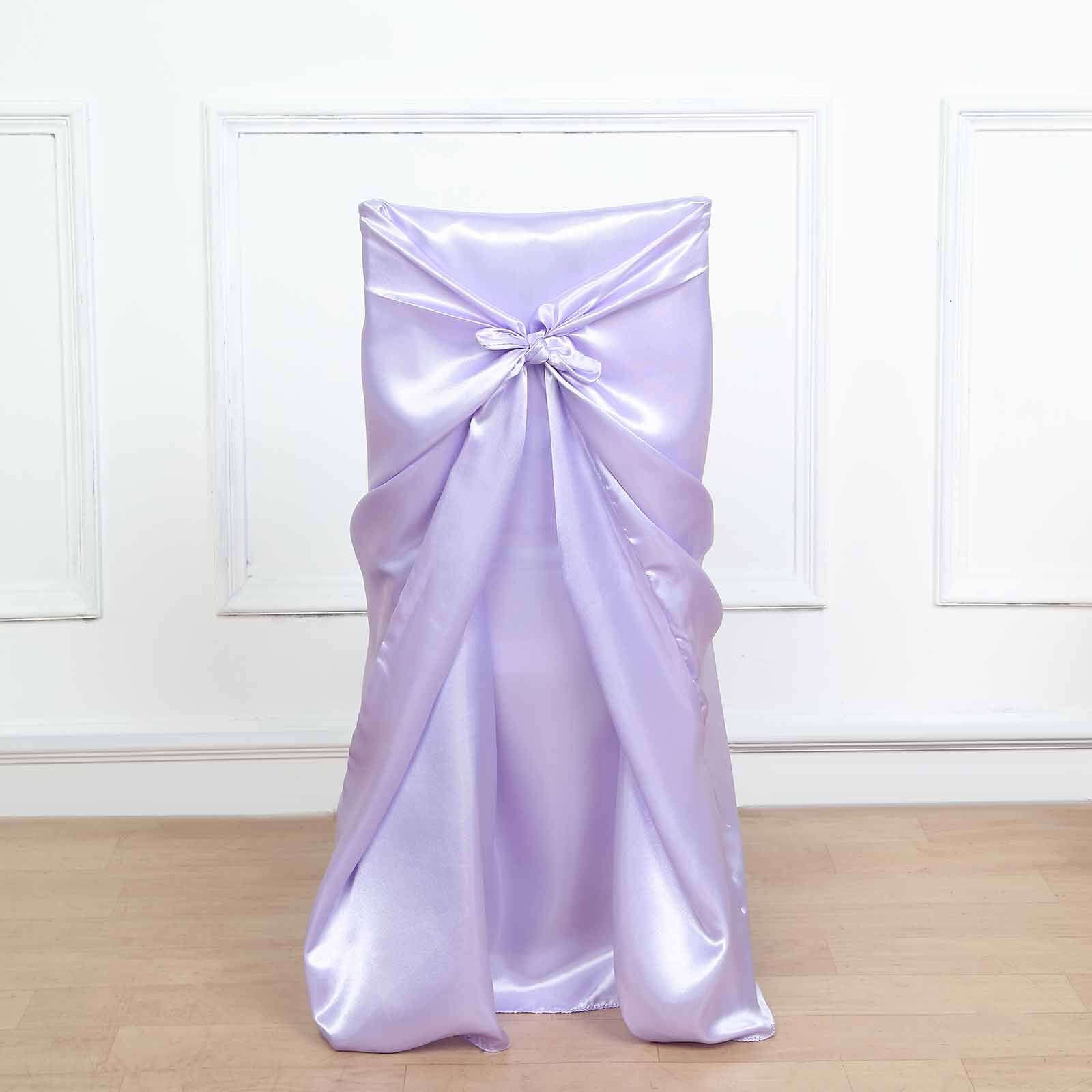 Satin Chair Cover Self-Tie Universal Design Lavender Lilac - Durable Slip-On Cover for Folding, Dining, Banquet & Standard Chairs