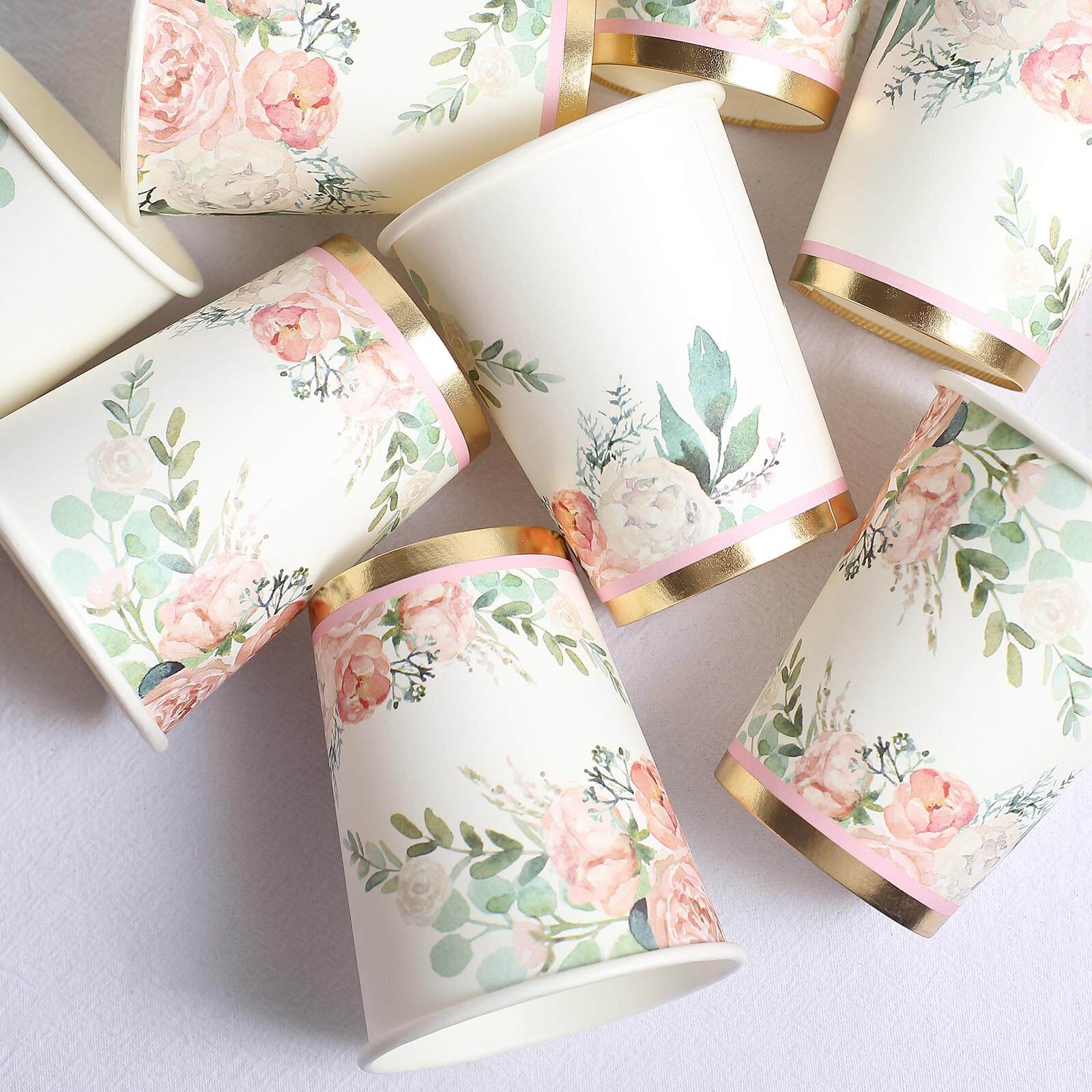 24-Pack Paper Cups in Pink Peony Flower Print with Gold Foil - Chic Disposable Party Cups for Weddings & All Purpose Use 9oz