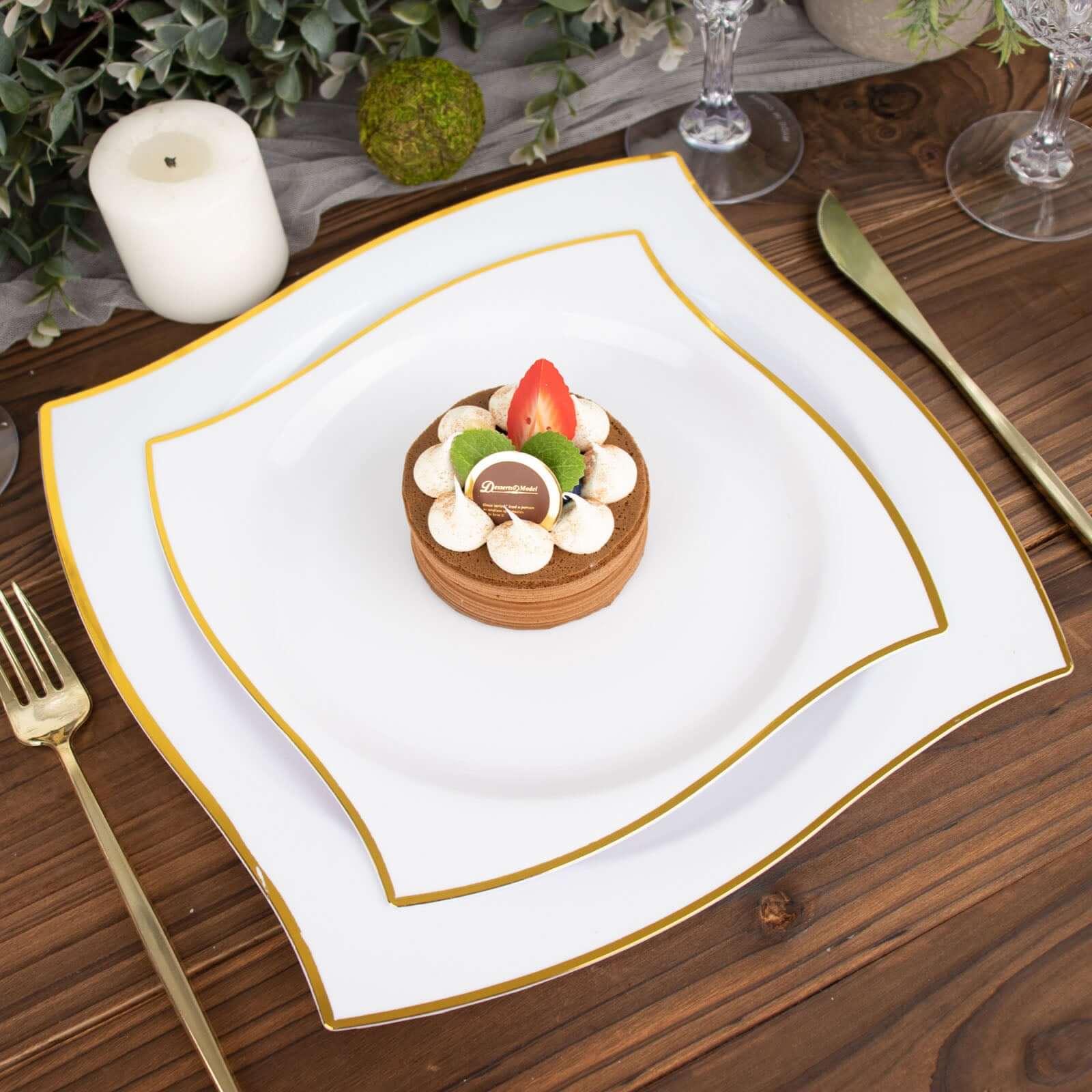 10-Pack Plastic 8 Square Dessert Plates in White with Gold Wavy Rim Modern - Disposable Salad Appetizer Party Plates for Luxe Events & Banquets