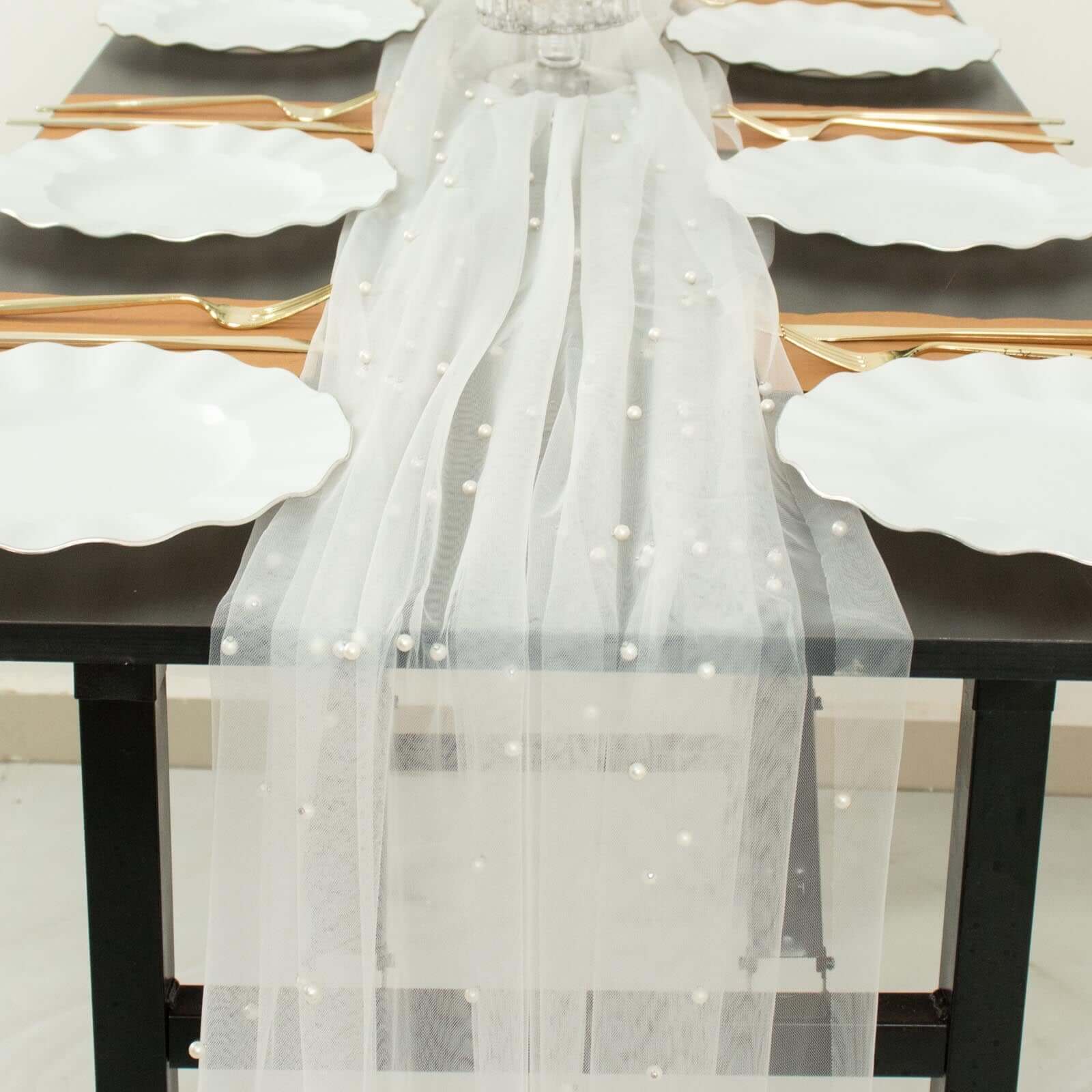 Sheer Tulle 48x120 Table Runner White Pearl Embellished - Stylish Wedding & Event Table Linen