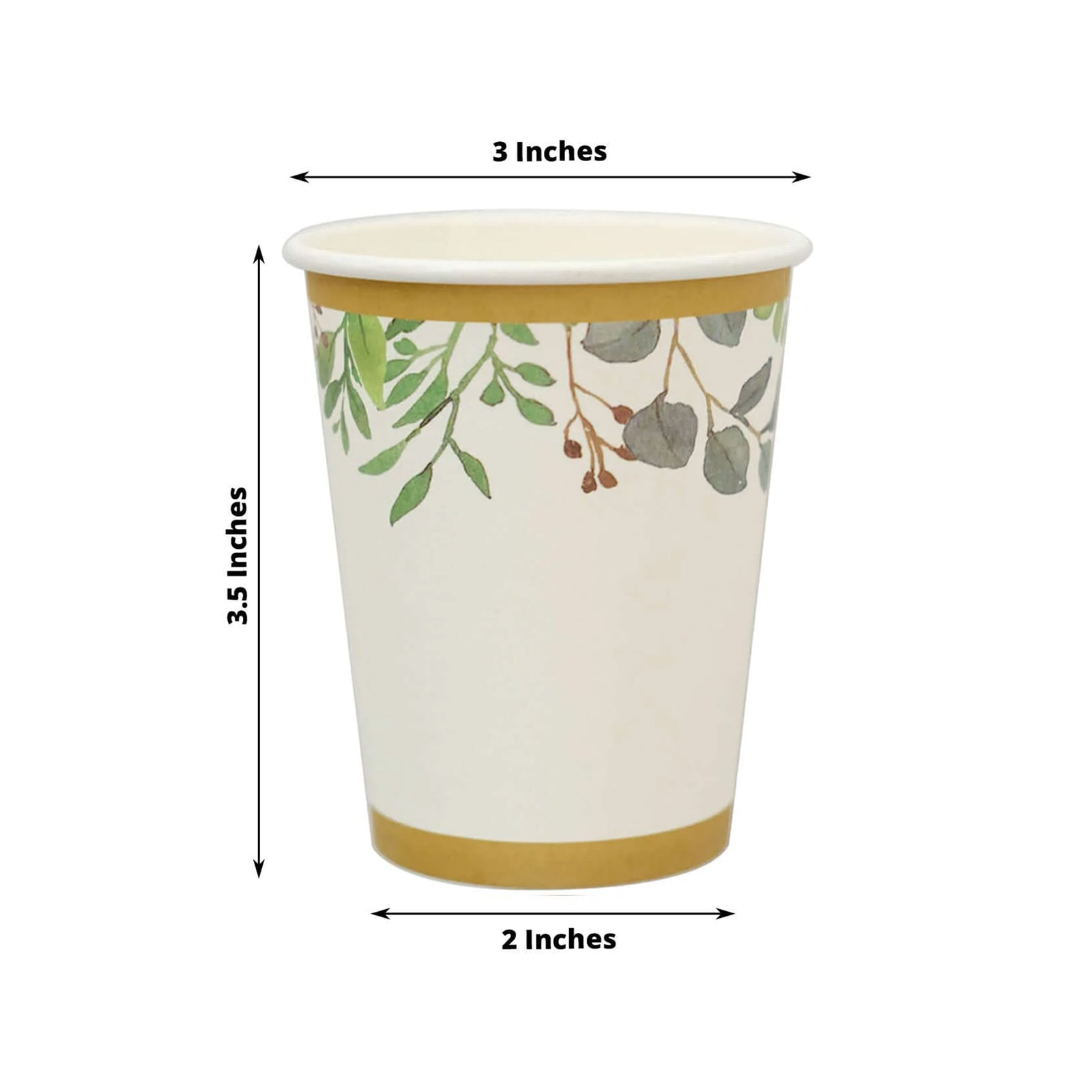 24 Pack 9oz White Tropical Greenery Gold Trim Party Paper Cups, Eucalyptus Disposable Cups With Gold Rim - 250 GSM