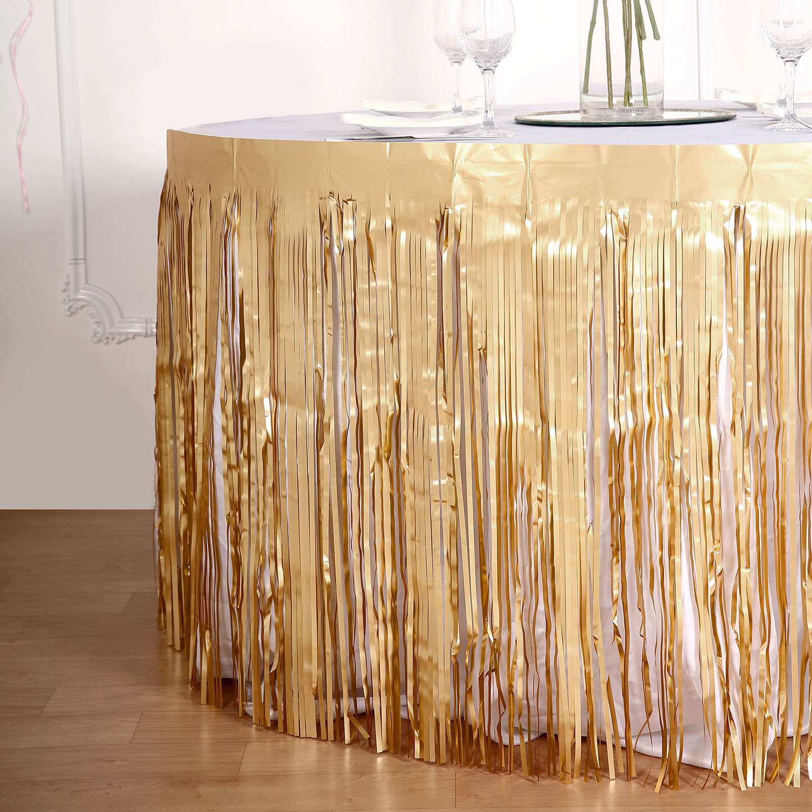 Metallic Foil Fringe Table Skirt Matte Gold with Self Adhesive Backing - Durable Tinsel Skirt for Parties 30x9ft