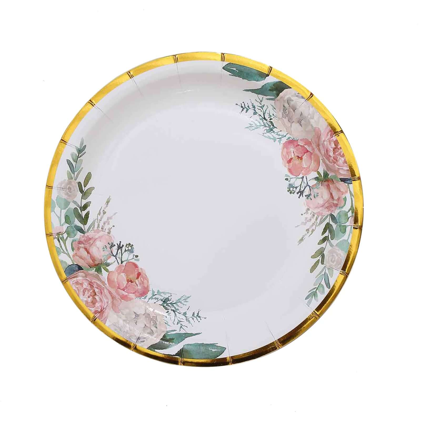 25-Pack Paper 7 Round Dessert Plates in White with Peony Floral Design & Gold Rim - Disposable Floral Salad Appetizer Plates for Brunches & Afternoon Teas