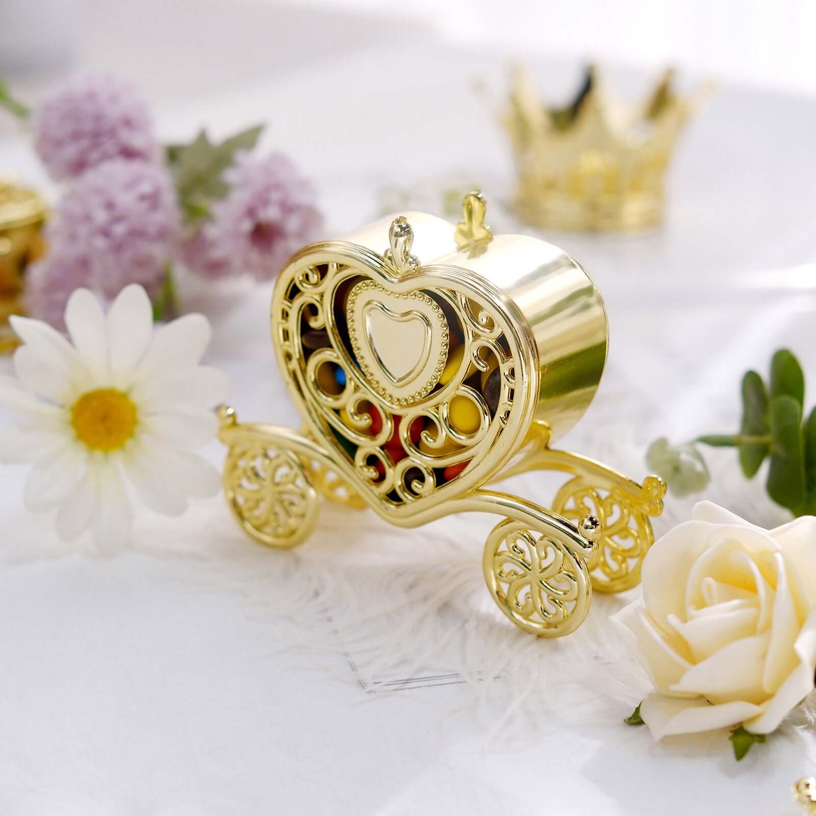 12 Pack 4 Gold Princess Heart Carriage Treats Party Favor Boxes, Candy Container Gift Boxes