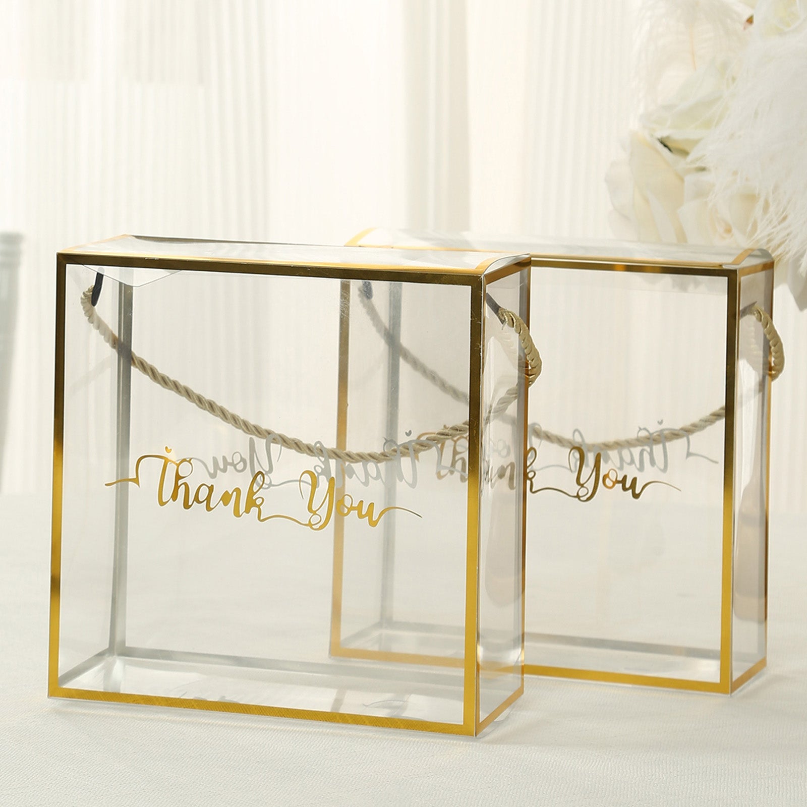 25 Pack Gold Trimmed Clear PVC Gift Boxes with Rope Handles and Thank You Print, Square Transparent Portable Candy Favor Boxes - 8x8