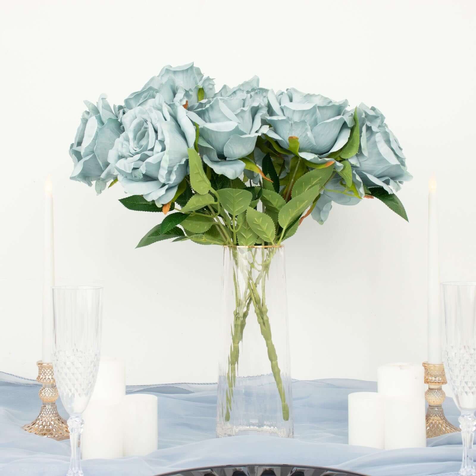 2 Bushes 17 Dusty Blue Premium Silk Jumbo Rose Flower Bouquet, High Quality Artificial Wedding Floral Arrangements
