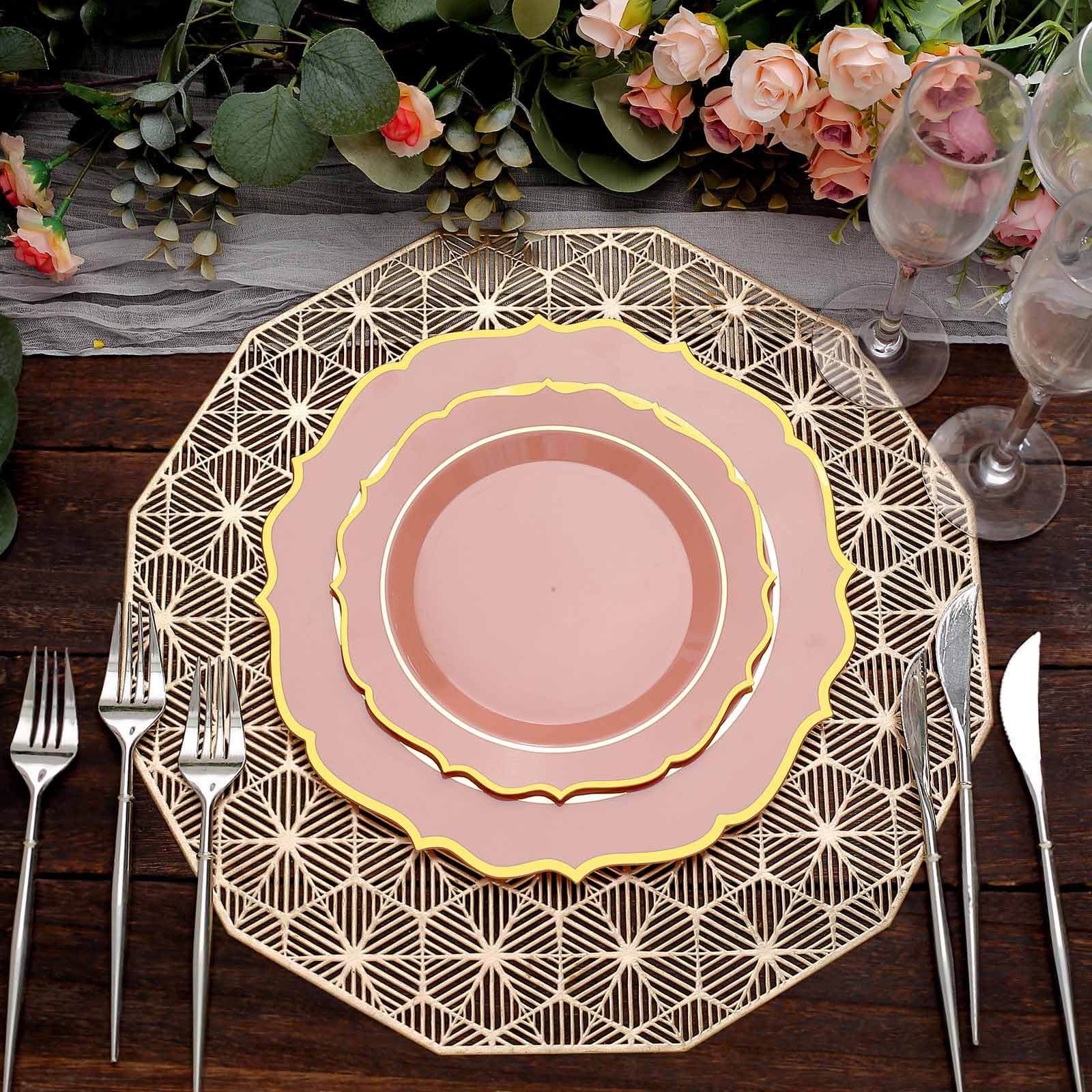 10-Pack Plastic 8 Round Desert Plates in Dusty Rose with Gold Scalloped Rim - Disposable Appetizer/Salad Plates