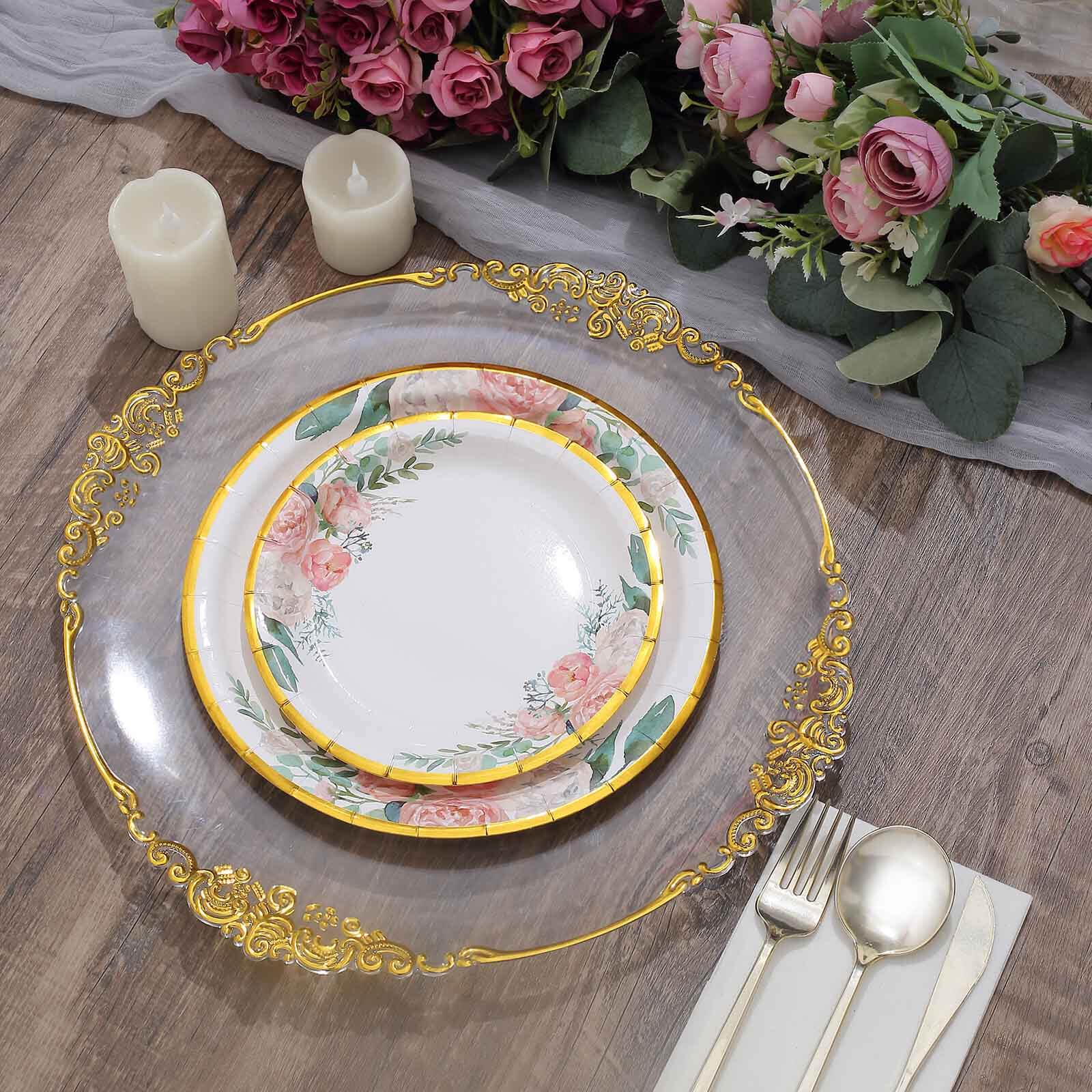 25-Pack Paper 7 Round Dessert Plates in White with Peony Floral Design & Gold Rim - Disposable Floral Salad Appetizer Plates for Brunches & Afternoon Teas