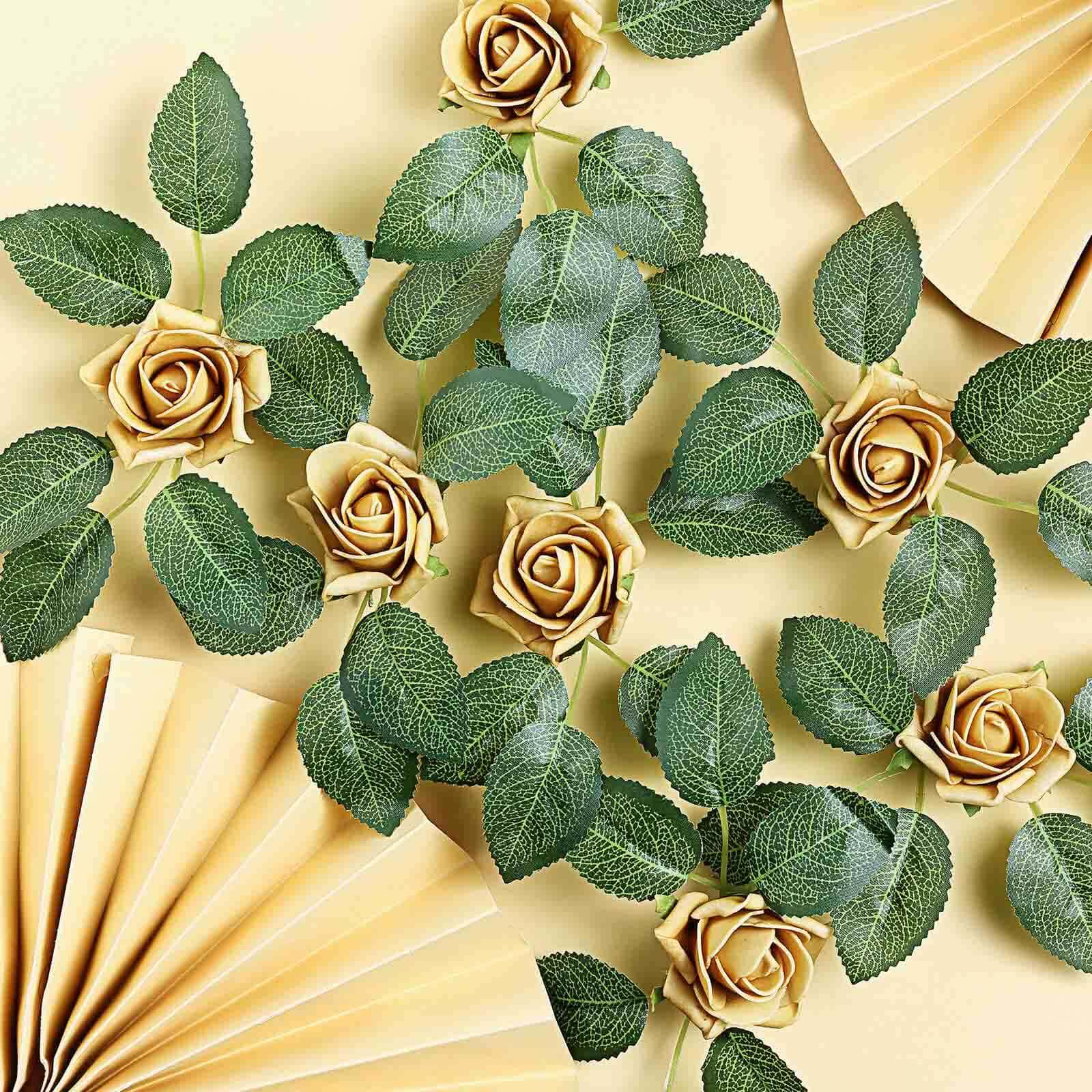 24 Roses 2 Gold Artificial Foam Flowers With Stem Wire and Leaves