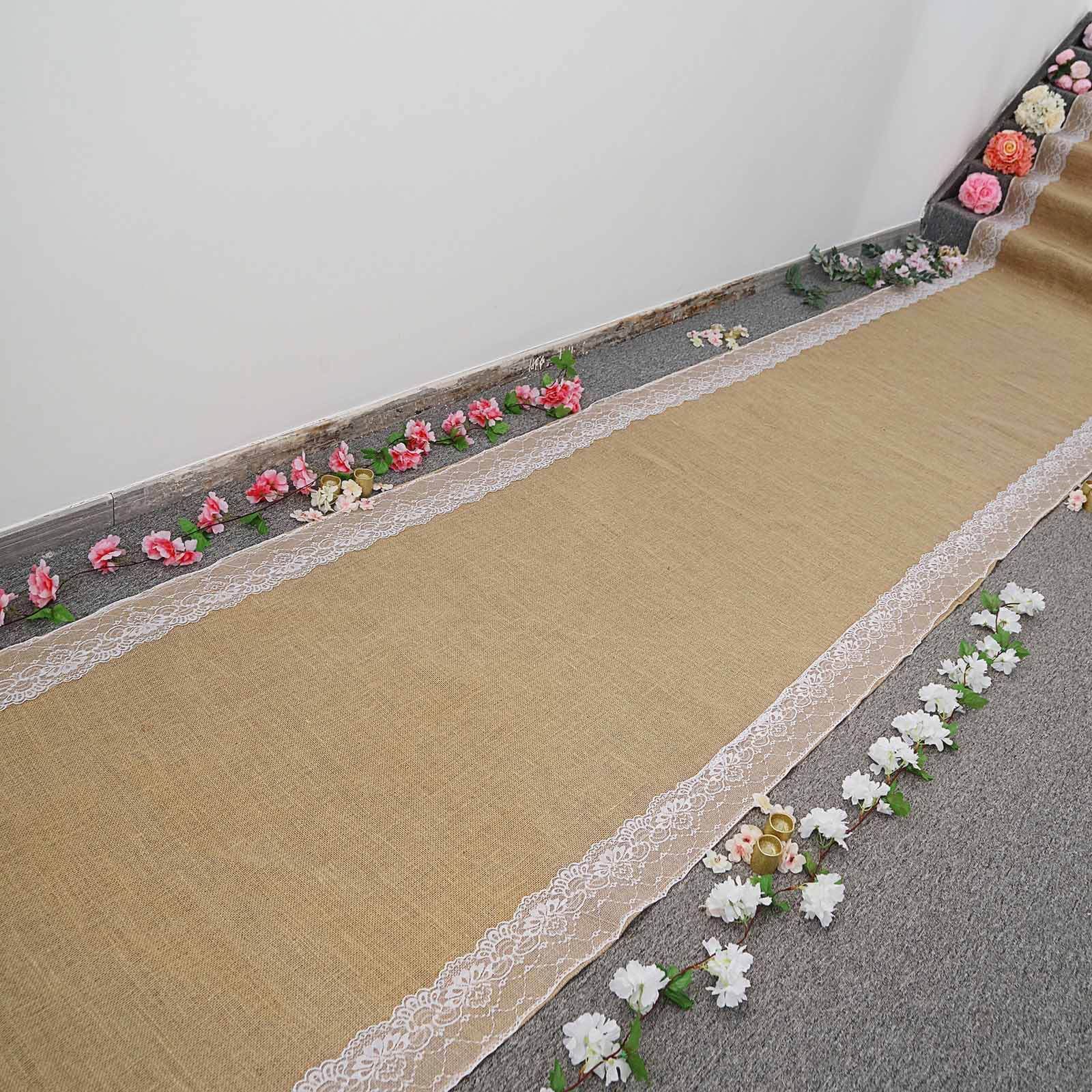 30ft Natural Jute Burlap Aisle Runner with White Floral Lace Borders