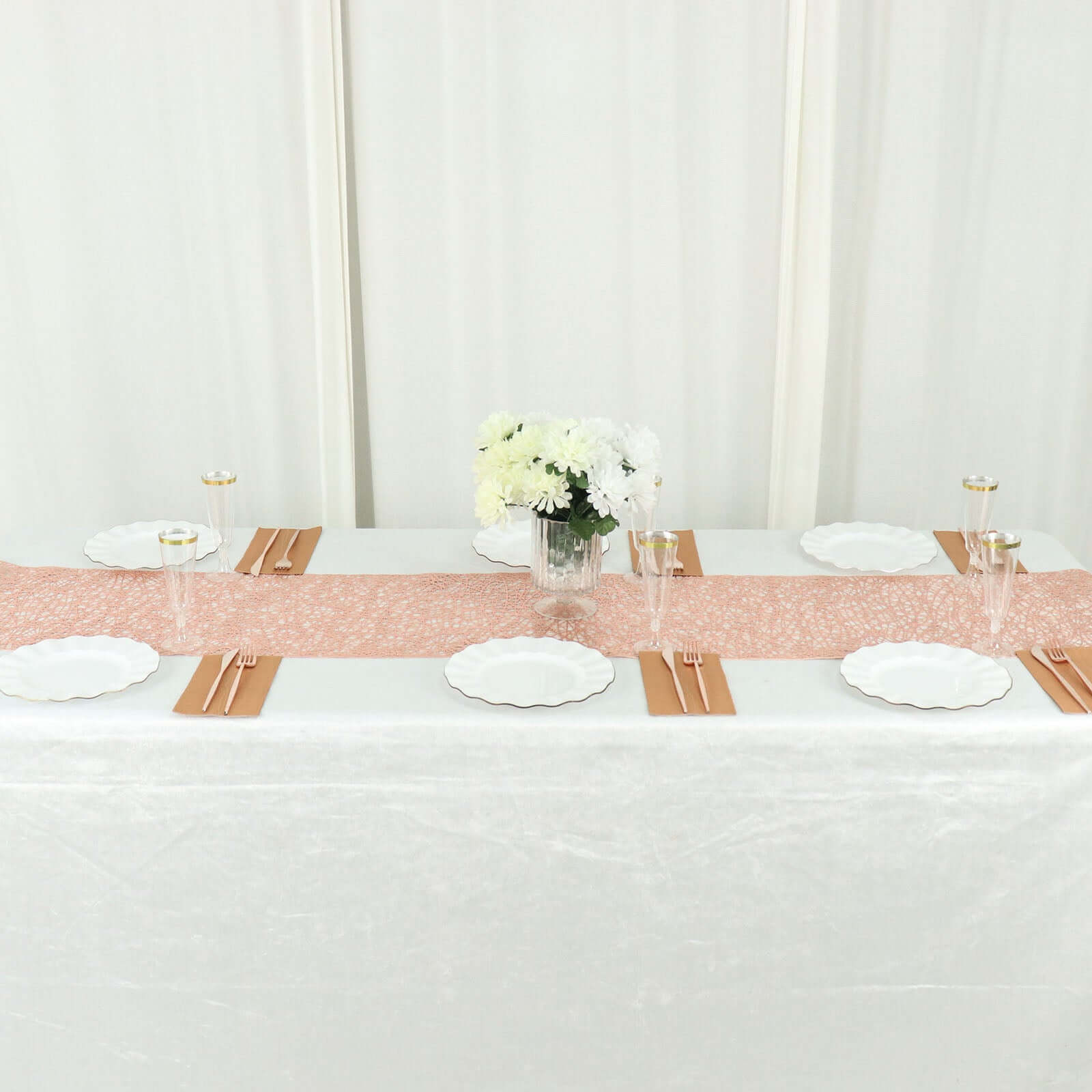 Plastic Woven Vinyl 13x6ft Table Runner Metallic Rose Gold - Non-Slip & Reversible Tabletop Decor