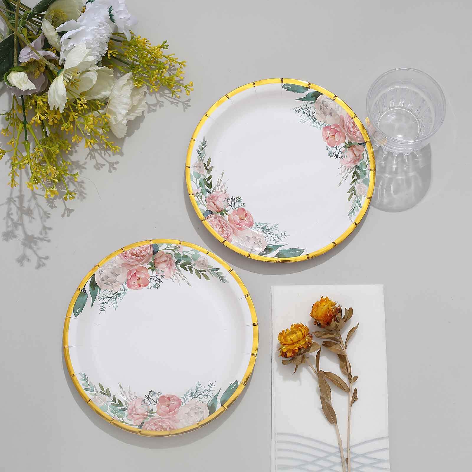 25-Pack Paper 7 Round Dessert Plates in White with Peony Floral Design & Gold Rim - Disposable Floral Salad Appetizer Plates for Brunches & Afternoon Teas