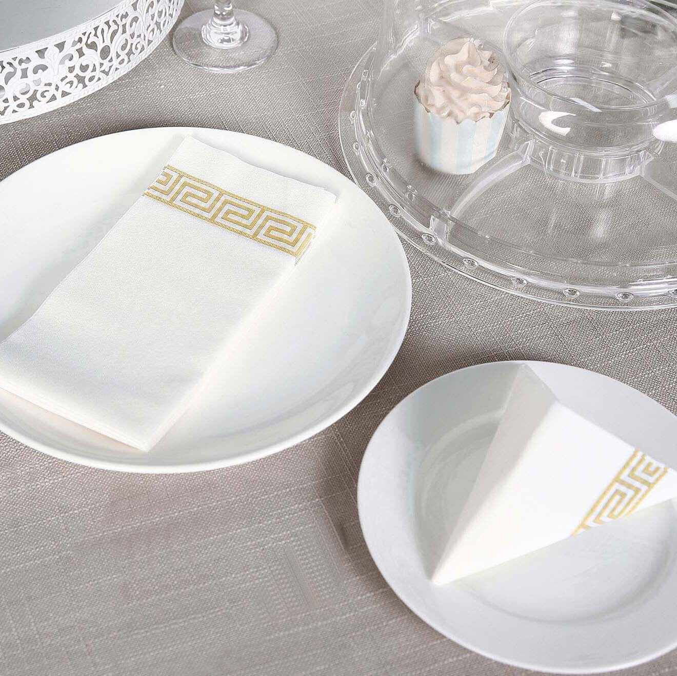 25 Pack Linen-Like Paper 8x4 Napkins White with Gold Greek Key Design - Soft & Absorbent Airlaid Hand Towels for Exquisite Weddings & Events