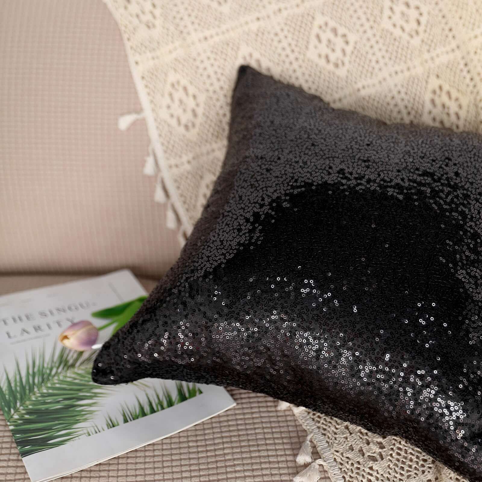 2 Pack 18x18 Sequin Throw Pillow Cover, Decorative Cushion Case - Square Black Sequin