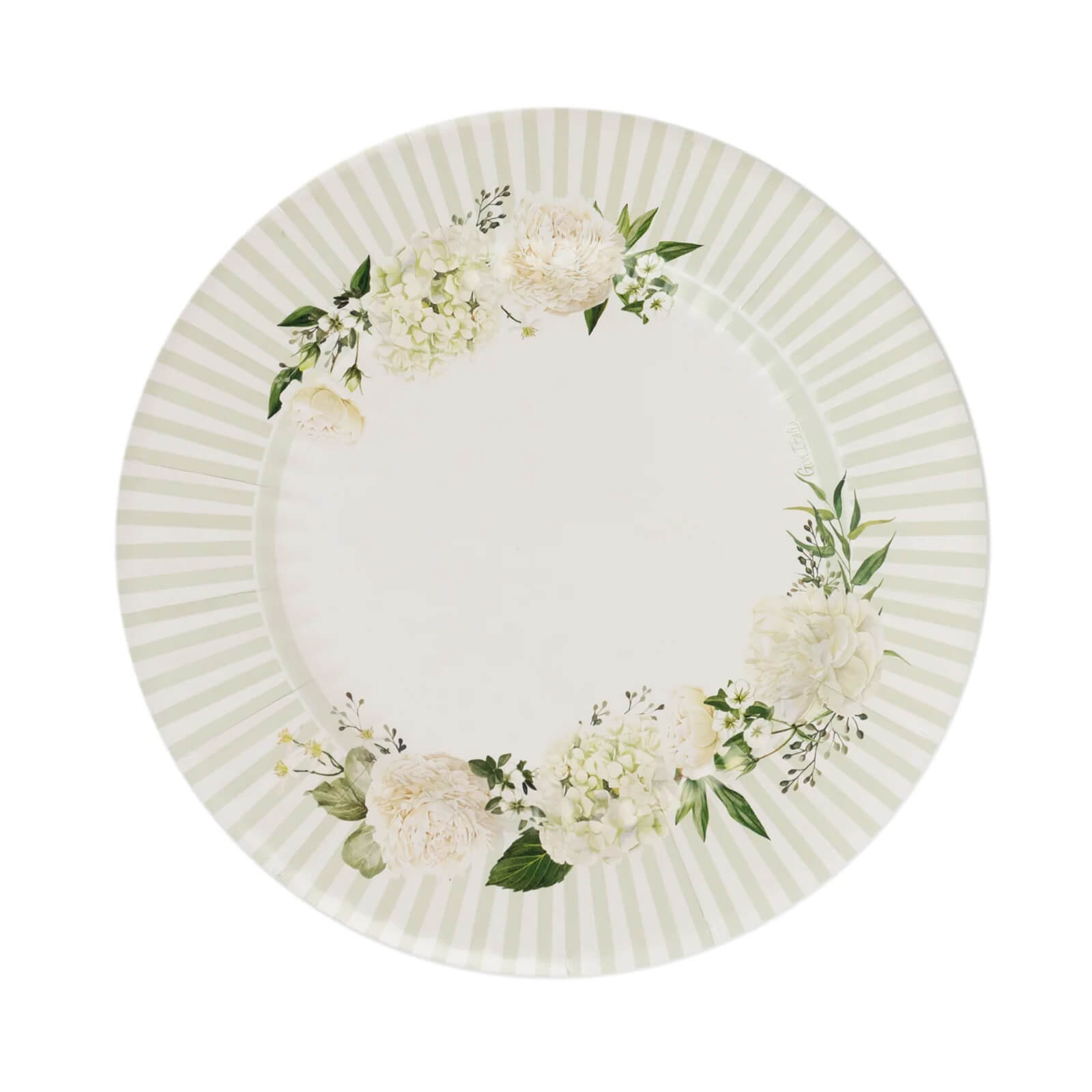 25-Pack Paper 10 Round Dinner Plates in White with Sage Green Floral Print & Lined Rim - Disposable Party Plates for Bridal Showers & Luncheons