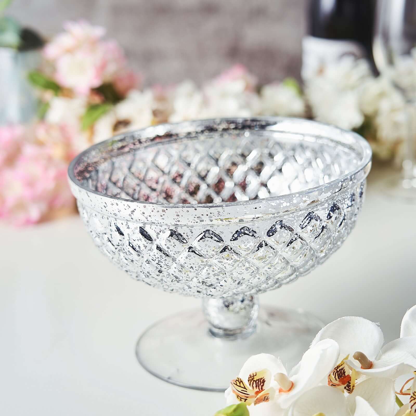 Mercury Glass Pedestal Bowl Vase Compote Style Silver - Sophisticated Floral Table Decor for Events 8