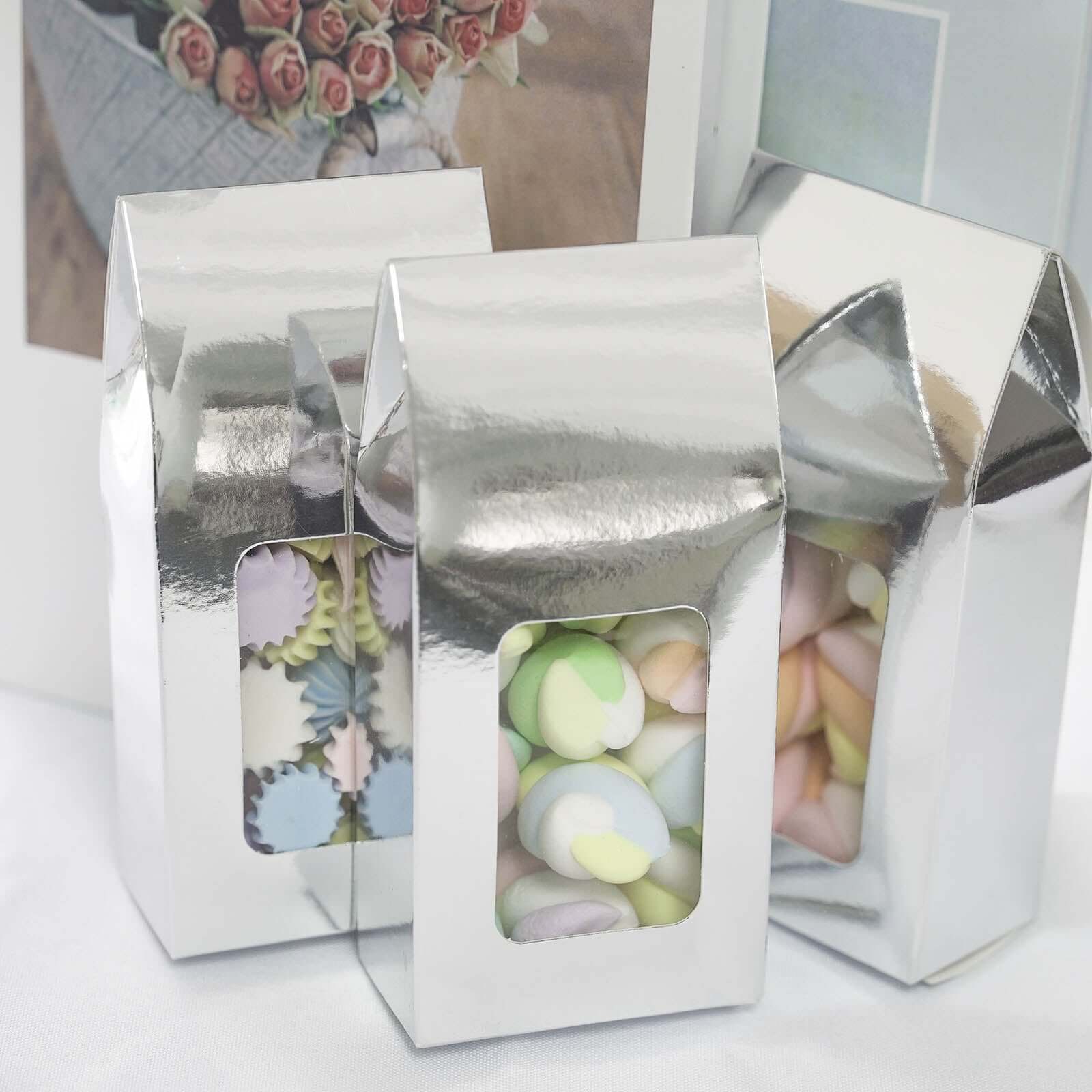 25 Pack Silver Tote With Window Party Favor Candy Gift Boxes 2.75 X 1.5 X 6