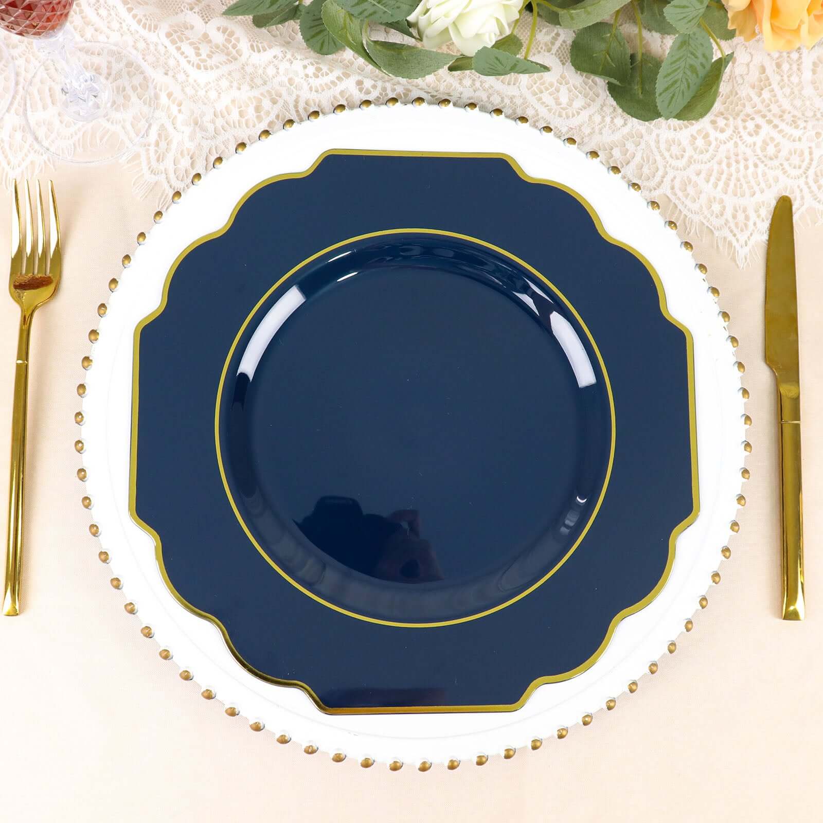 10-Pack Plastic Dinner Plates in Navy Blue Baroque Design with Scalloped Gold Rim - Heavy Duty Disposable Party Plates 11