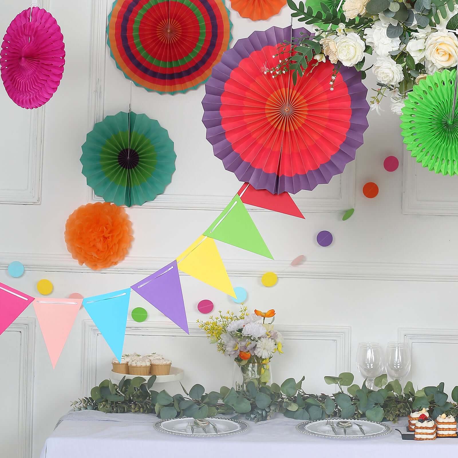 20Pcs Colorful Hanging Fiesta Themed Party Decorations Set, Paper Fans, Pom Pom Flowers, Polka Dot and Bunting Flag Garlands Included