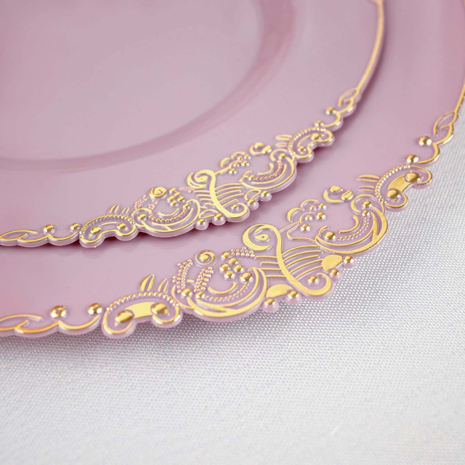 10-Pack Plastic 8 Round Dessert Plates in Lavender Lilac with Gold Leaf Embossed Rim - Disposable Vintage Baroque Style Salad Plates