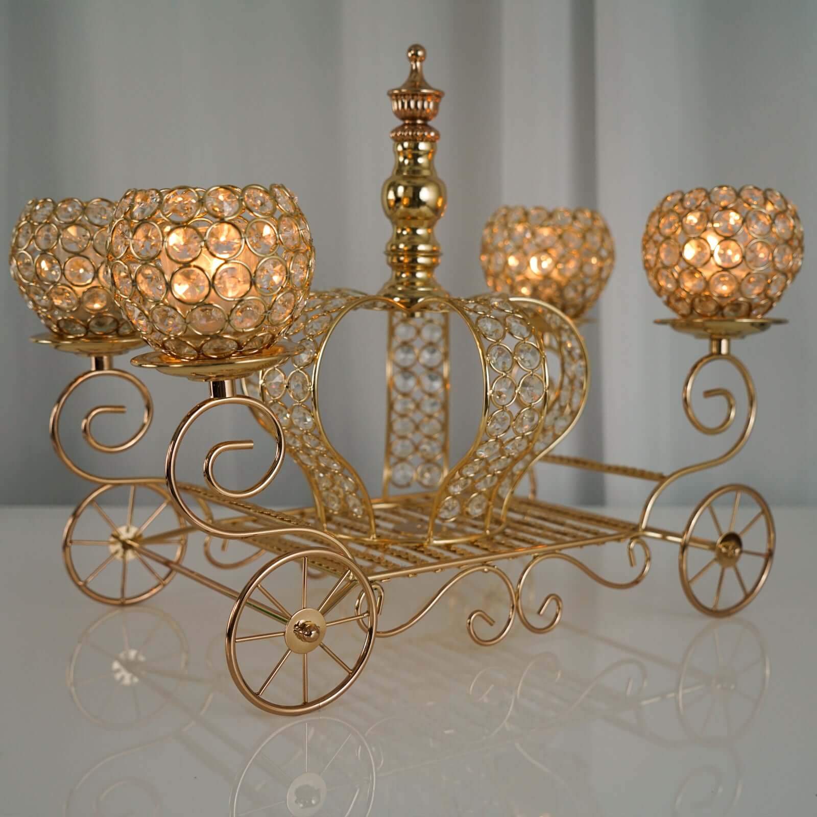 Candle Holder 4-Arm Gold Metal Crystal Cinderella Carriage Wedding Centerpiece - Decorative Display 18