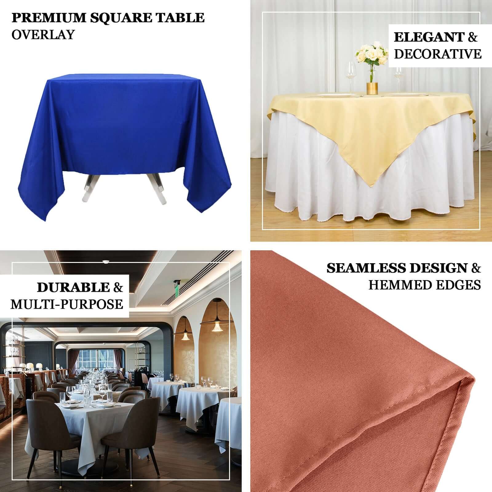 Premium Polyester 54x54 Table Overlay Square Tablecloth Gold - Stain and Wrinkle-Resistant 220GSM Finish for Weddings & Events