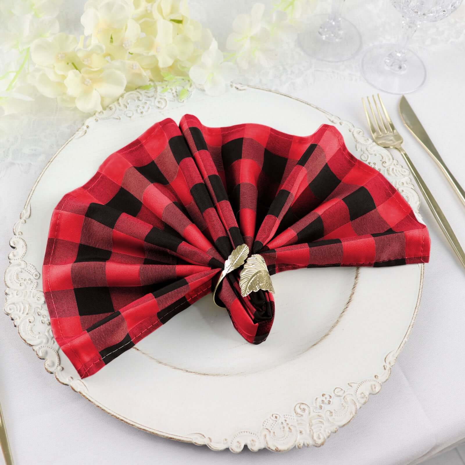 5 Pack Polyester 15x15 Napkins Black/Red Buffalo Plaid Gingham Style Cloth Napkins