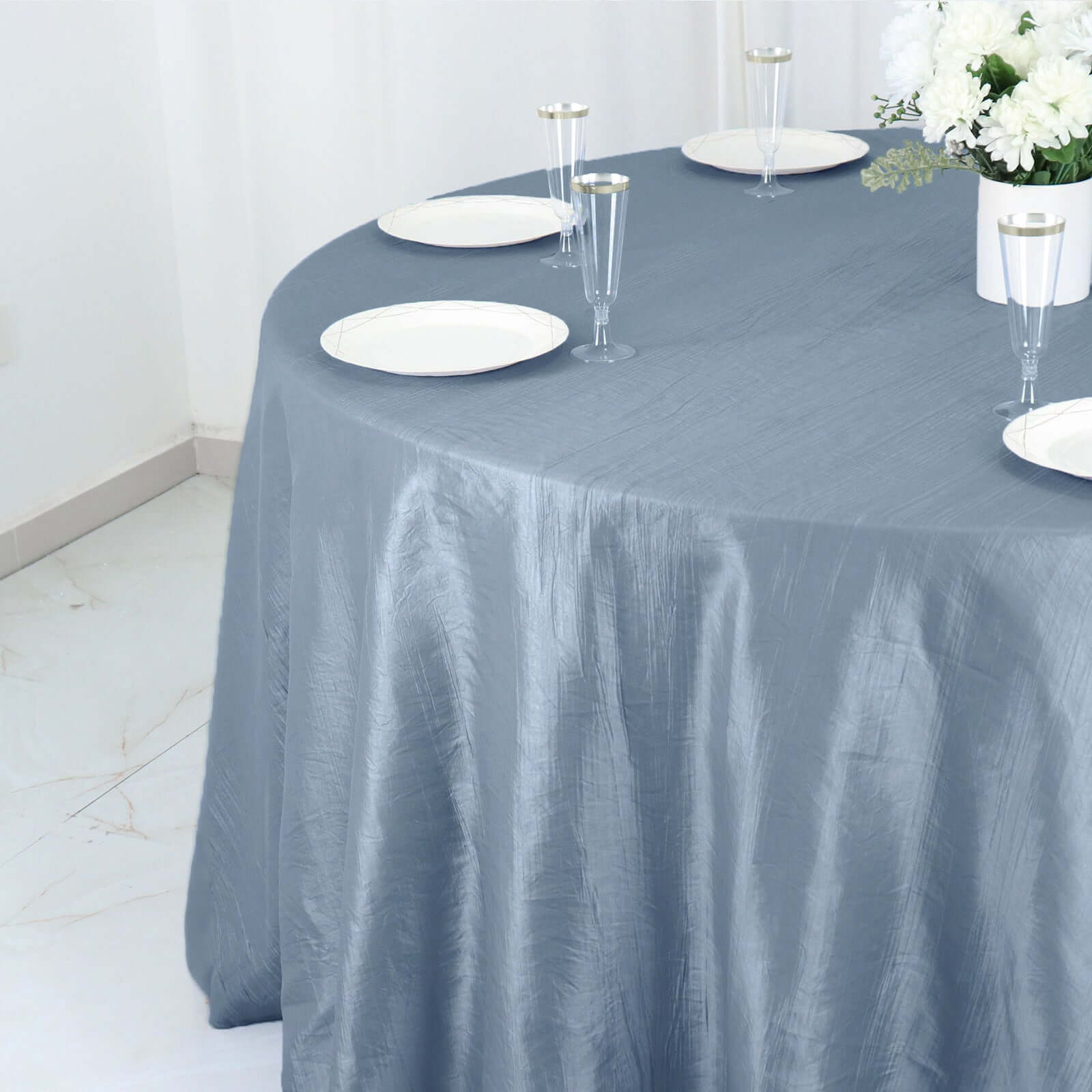 Taffeta 132 Round Tablecloth Dusty Blue - Seamless Accordion Crinkle Table Cover