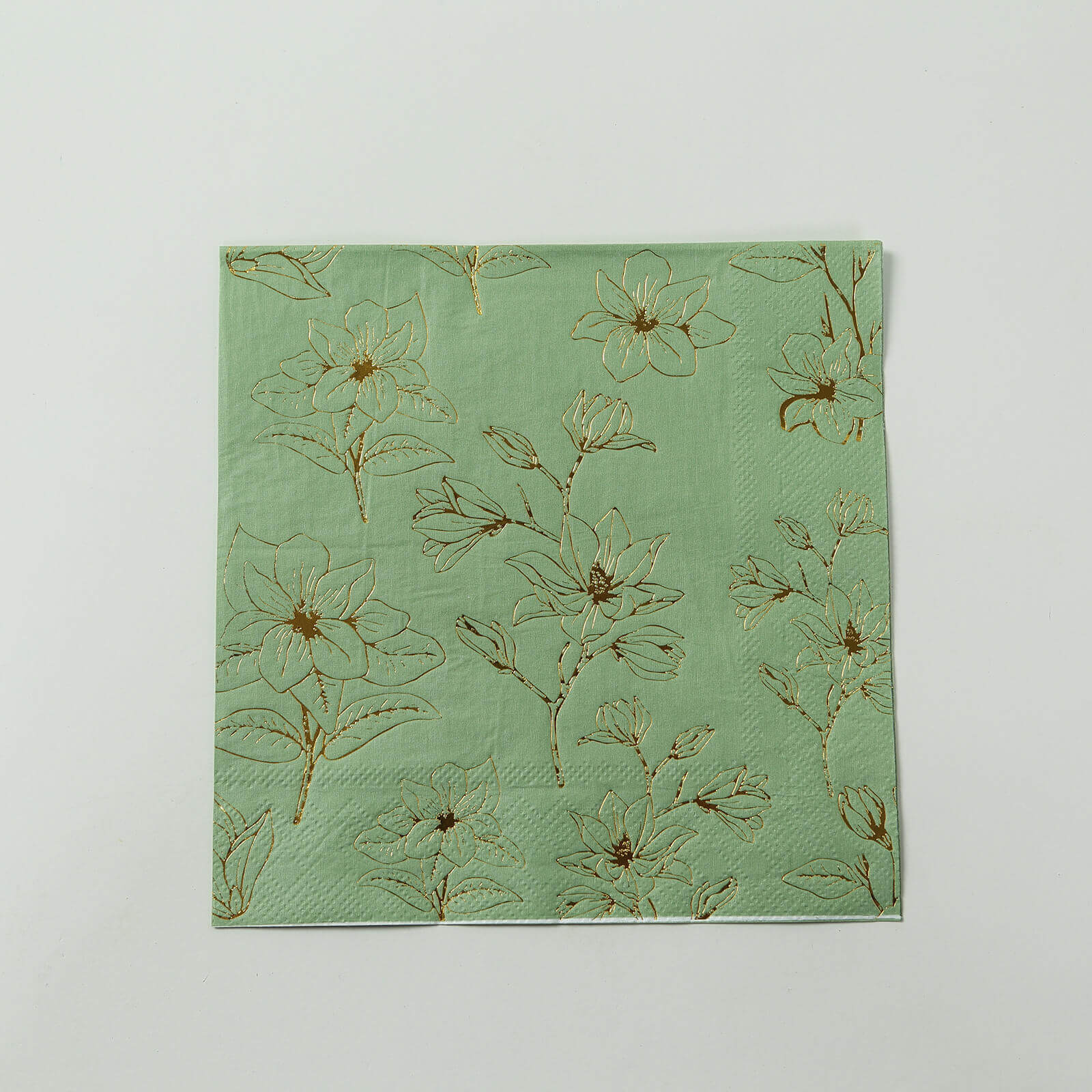 50-Pack Paper Cocktail Napkins with Gold Magnolia Flowers Print Sage Green - Highly 2 Ply Absorbent Soft Napkins for Beverages