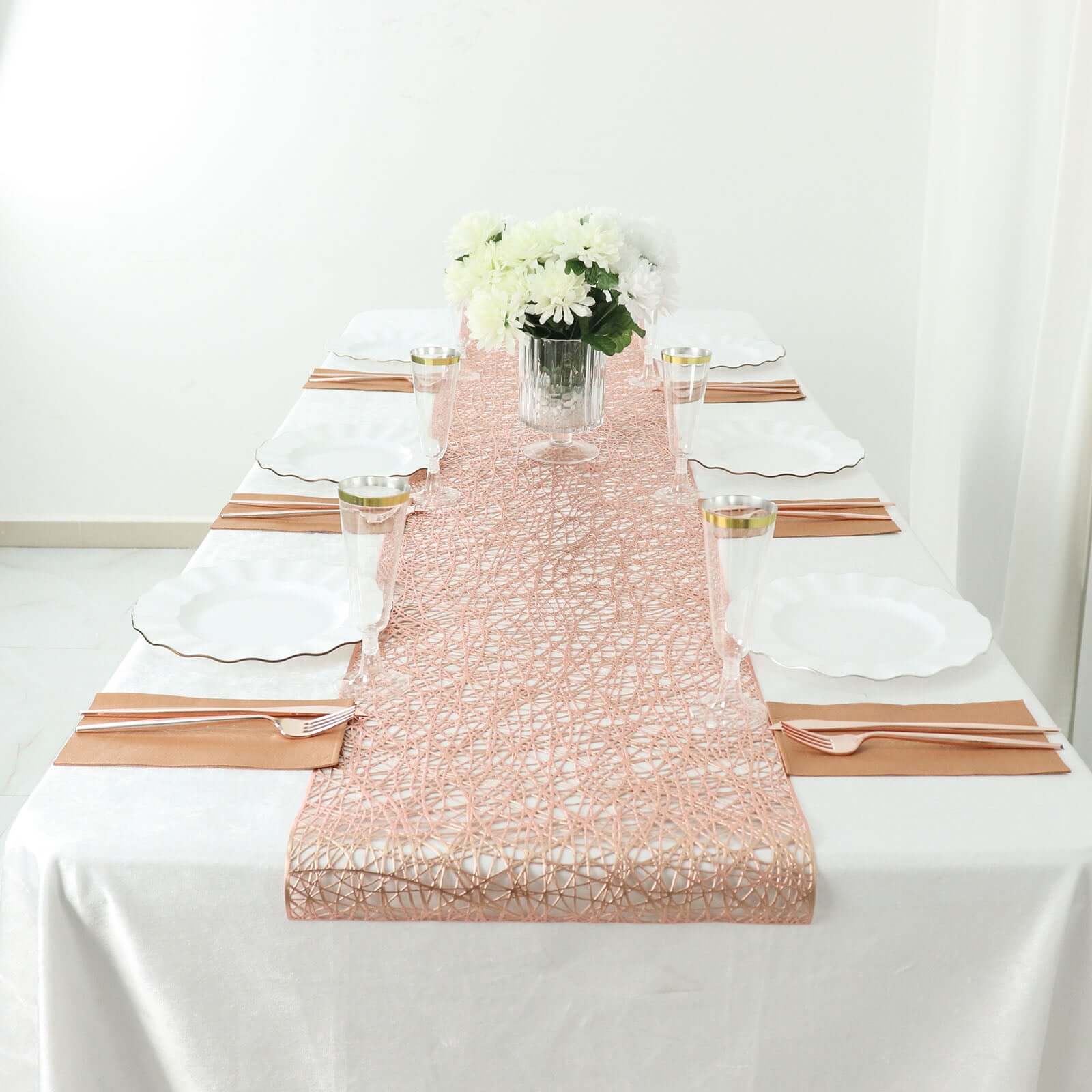 Plastic Woven Vinyl 13x6ft Table Runner Metallic Rose Gold - Non-Slip & Reversible Tabletop Decor