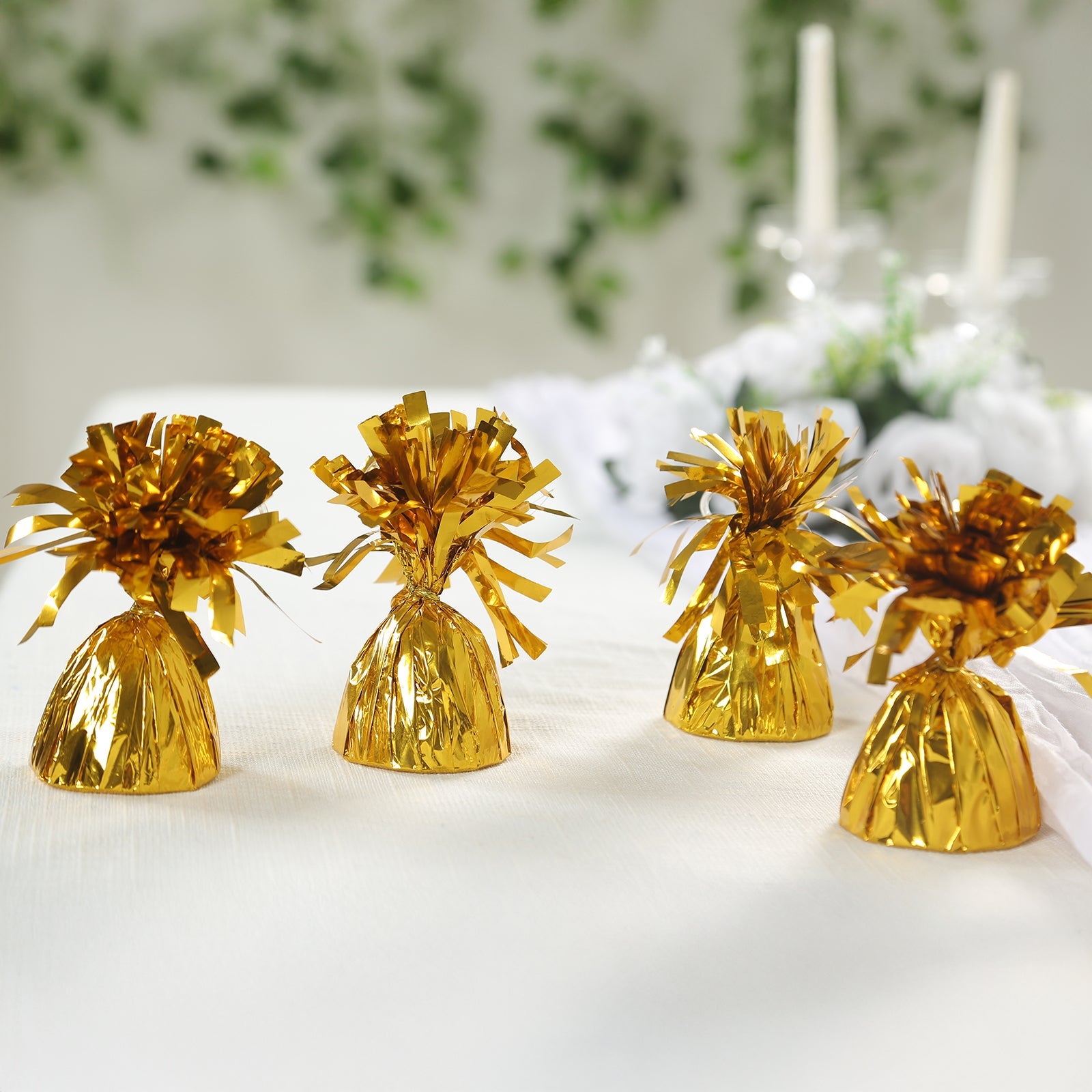 12 Pack 5 Metallic Gold Foil Tassel Top Party Balloon Weights, 5.5oz