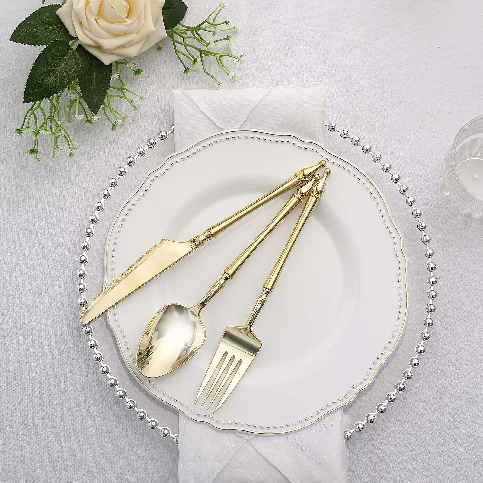 24-Pack Plastic Utensil Set with Roman Column Handle Gold - Disposable Silverware for Events