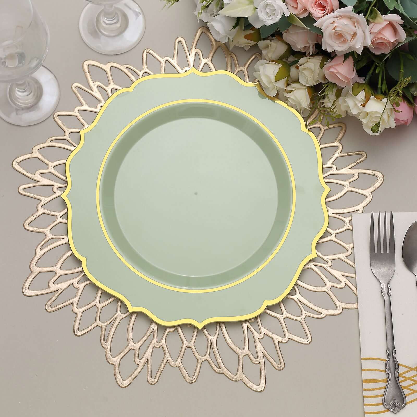 10-Pack Plastic 10 Round Dinner Plates in Sage Green with Gold Scalloped Rim - Disposable Party Plates