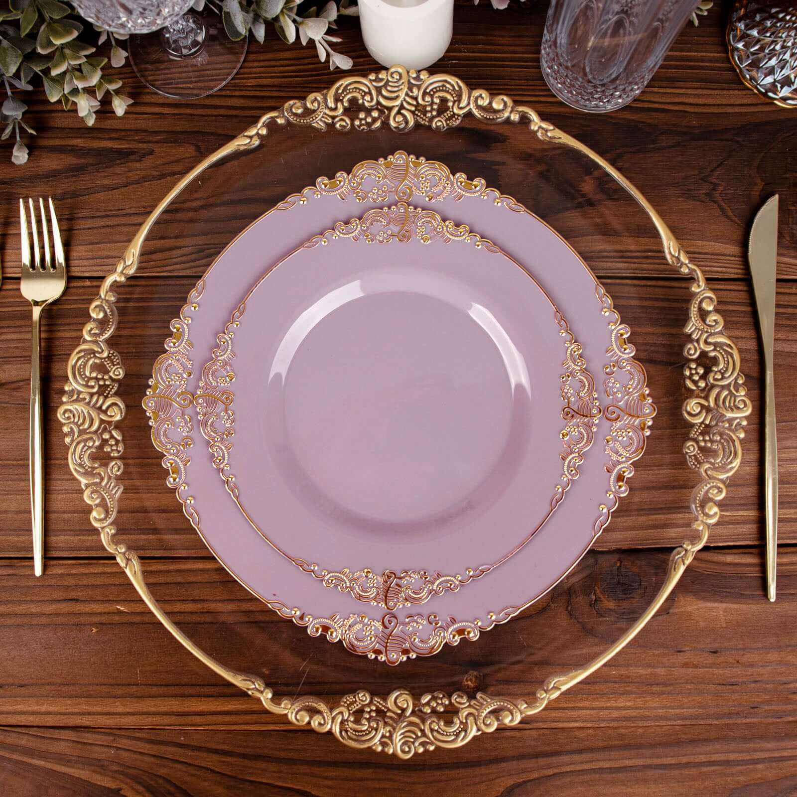 10-Pack Plastic 10 Round Dinner Plates in Lavender Lilac with Gold Leaf Embossed Rim - Disposable Vintage Baroque Style Plates