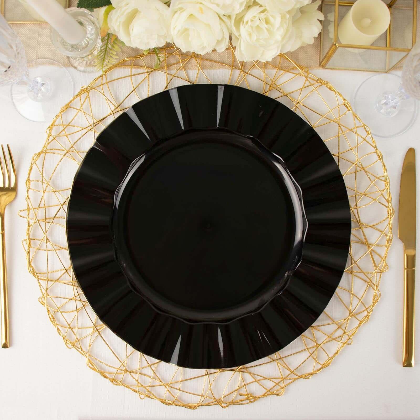 10-Pack Plastic 11 Round Dinner Plates in Black Ruffled Rim with Gold Edging - Sturdy Disposable Dinnerware