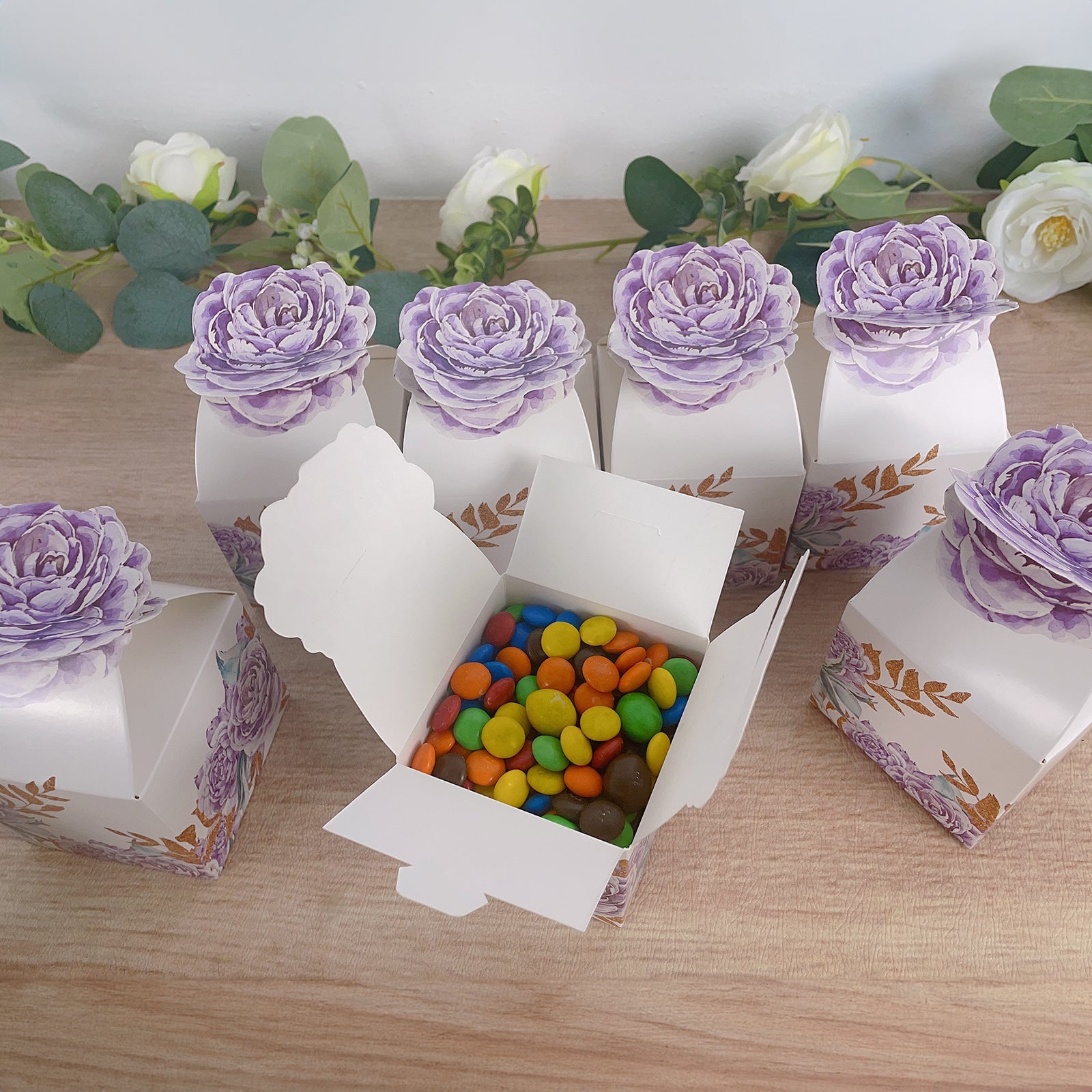 25 Pack Lavender Peony Floral Top Candy Gift Boxes, Lilac Cardstock Paper Party Favor Boxes - 3x3x5