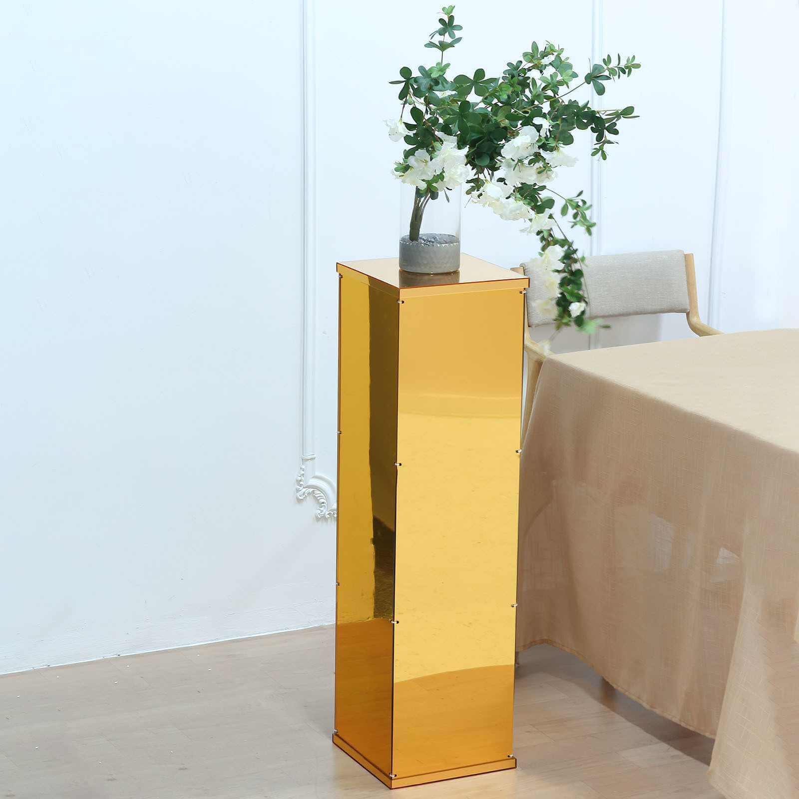 40 Floor Standing Gold Mirror Finish Acrylic Display Box, Pedestal Riser with Interchangeable Lid and Base