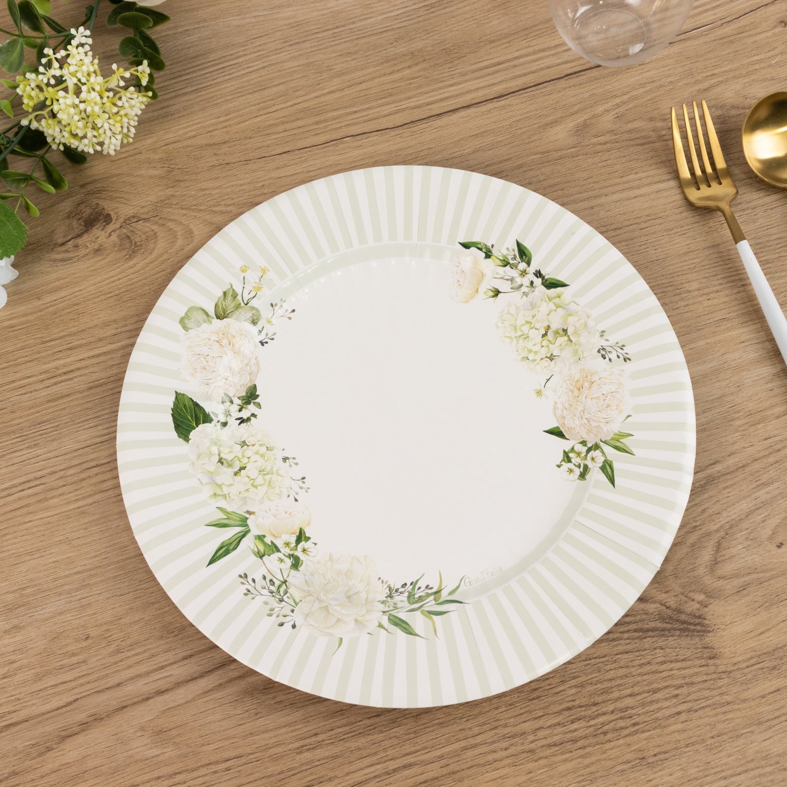 25-Pack Paper 10 Round Dinner Plates in White with Sage Green Floral Print & Lined Rim - Disposable Party Plates for Bridal Showers & Luncheons