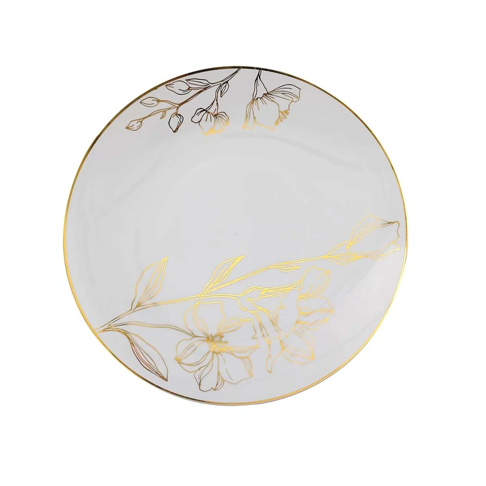 Set of 20 Plastic Round Dinner and Dessert Plates in White with Metallic Gold Floral Design - Stylish Disposable Dinnerware for Banquets & Special Occasions 8, 10