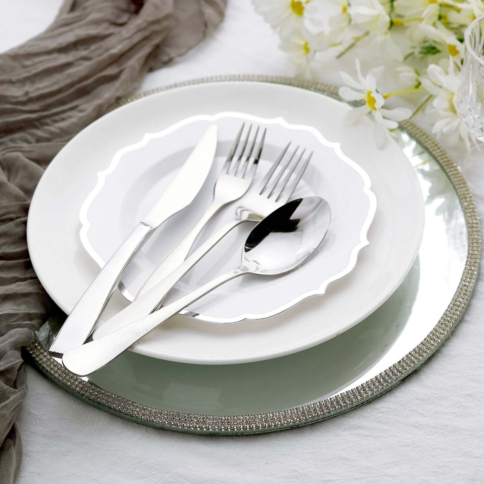 10-Pack Plastic 8 Round Desert Plates in White with Silver Scalloped Rim - Disposable Appetizer/Salad Plates