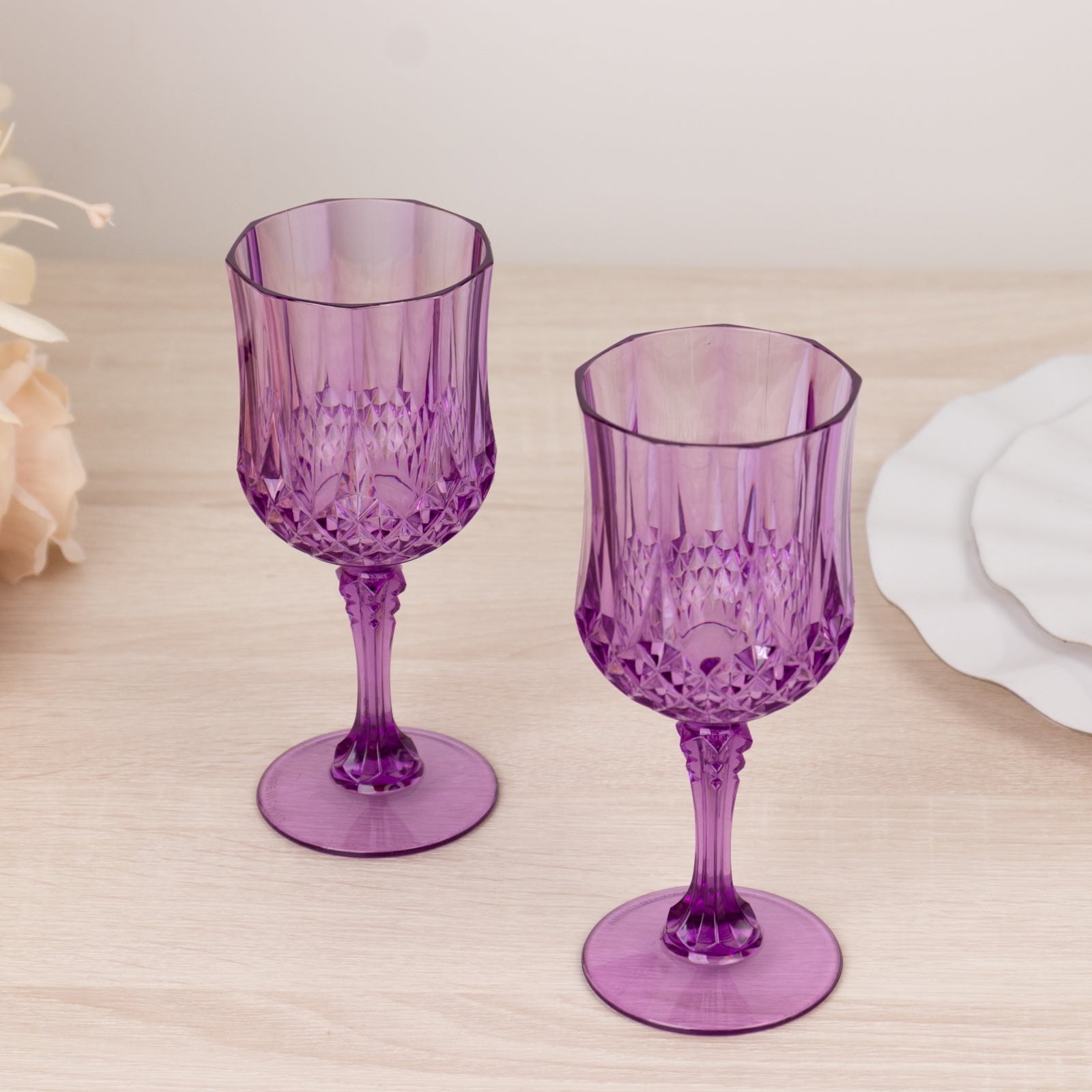 6-Pack Plastic Cocktail Goblets Purple Transparent Crystal Cut - Shatterproof Drinkware 8oz